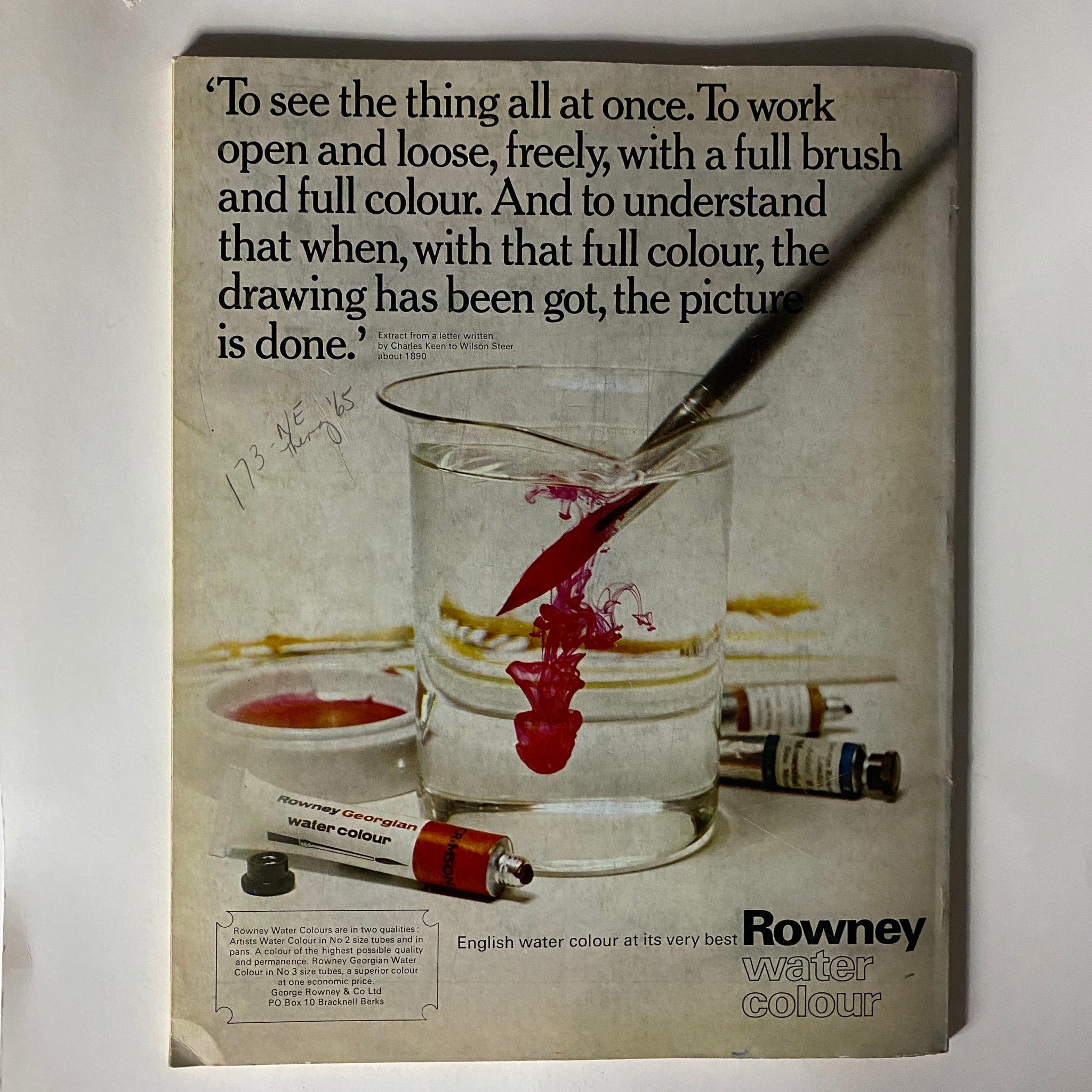 Advertisement from VTG Studio International Magazine April 1970, featuring Rowney water colours with an artistic design.