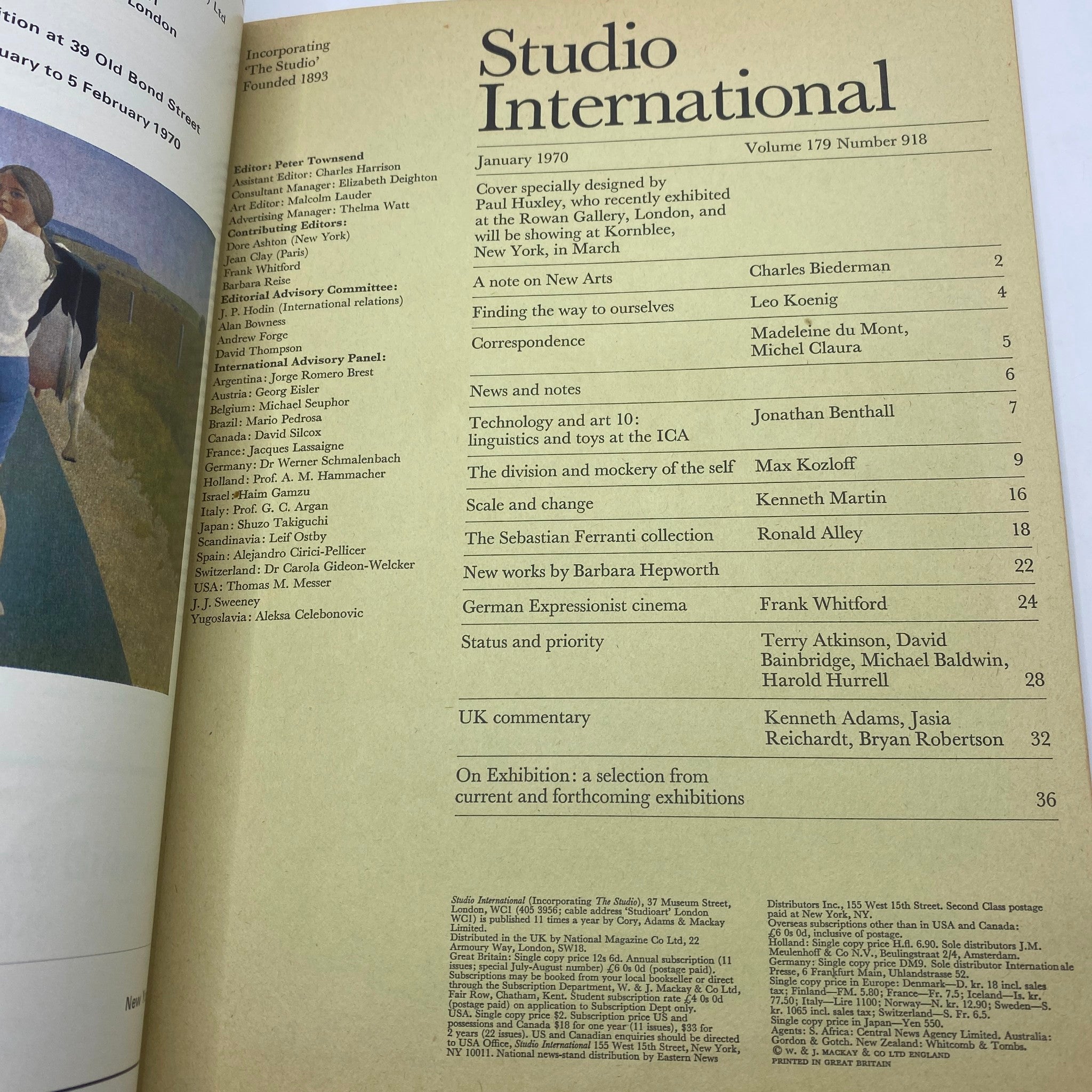 Table of contents page from VTG Studio International Magazine January 1970, detailing articles and contributions related to modern art.