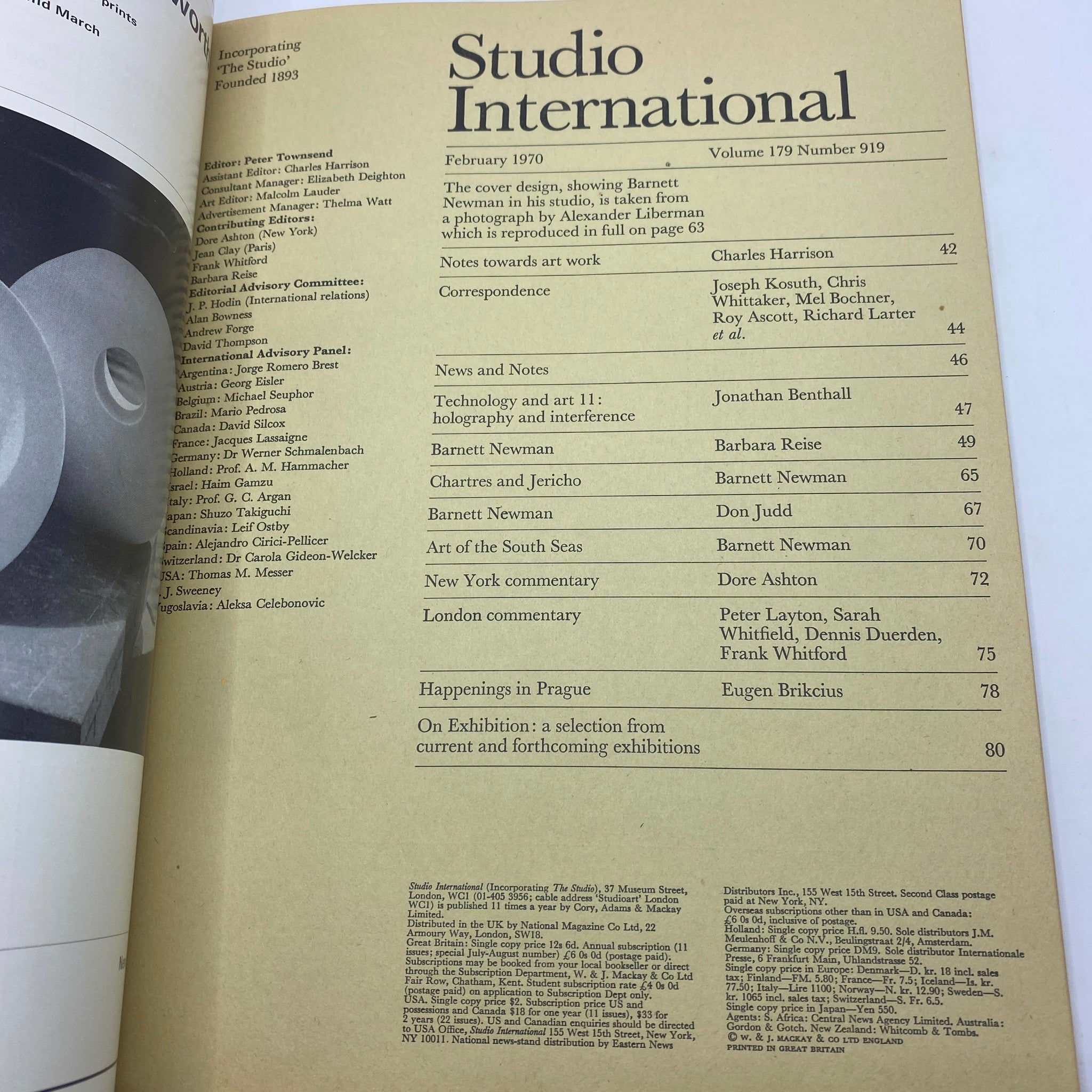 Table of contents from VTG Studio International Magazine February 1970, detailing articles including Barnett Newman and a cover design by Alexander Liberman.
