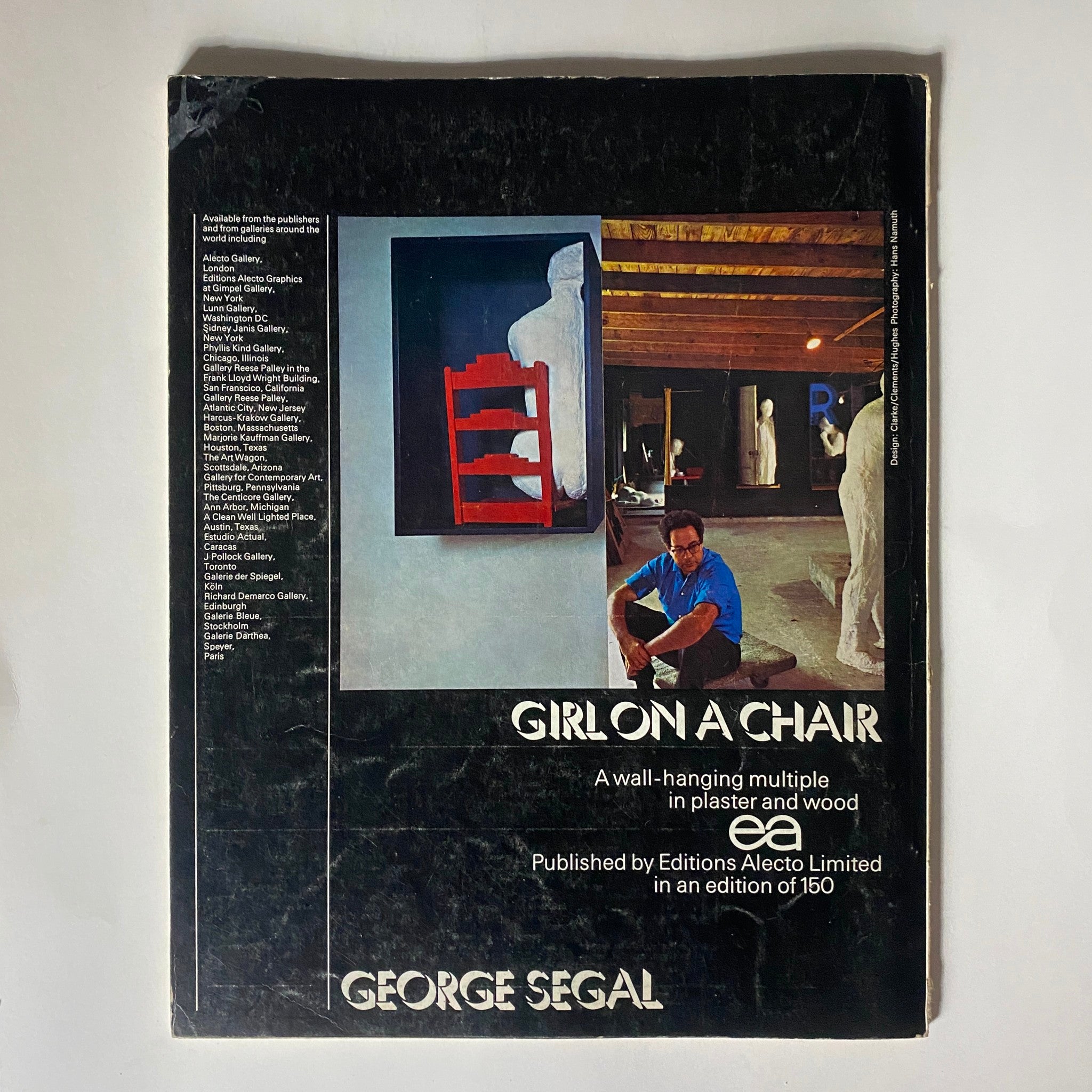 Back cover of VTG Studio International Magazine February 1970 featuring George Segal's art installation titled 'Girl on a Chair', highlighting art exhibition locations.