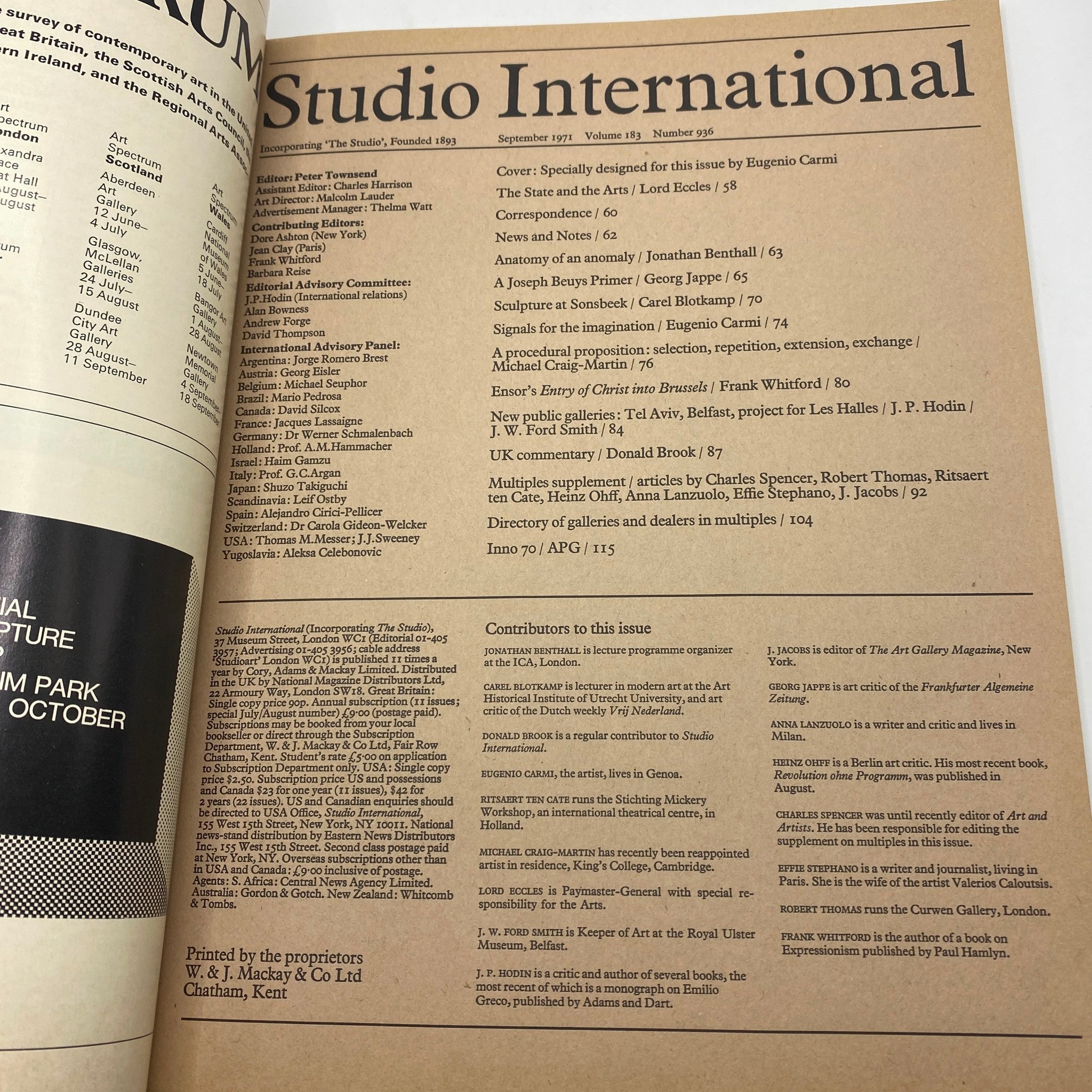 Contents page of VTG Studio International Magazine September 1971, highlighting articles and contributors, including the special cover designed by Eugenio Carmi.