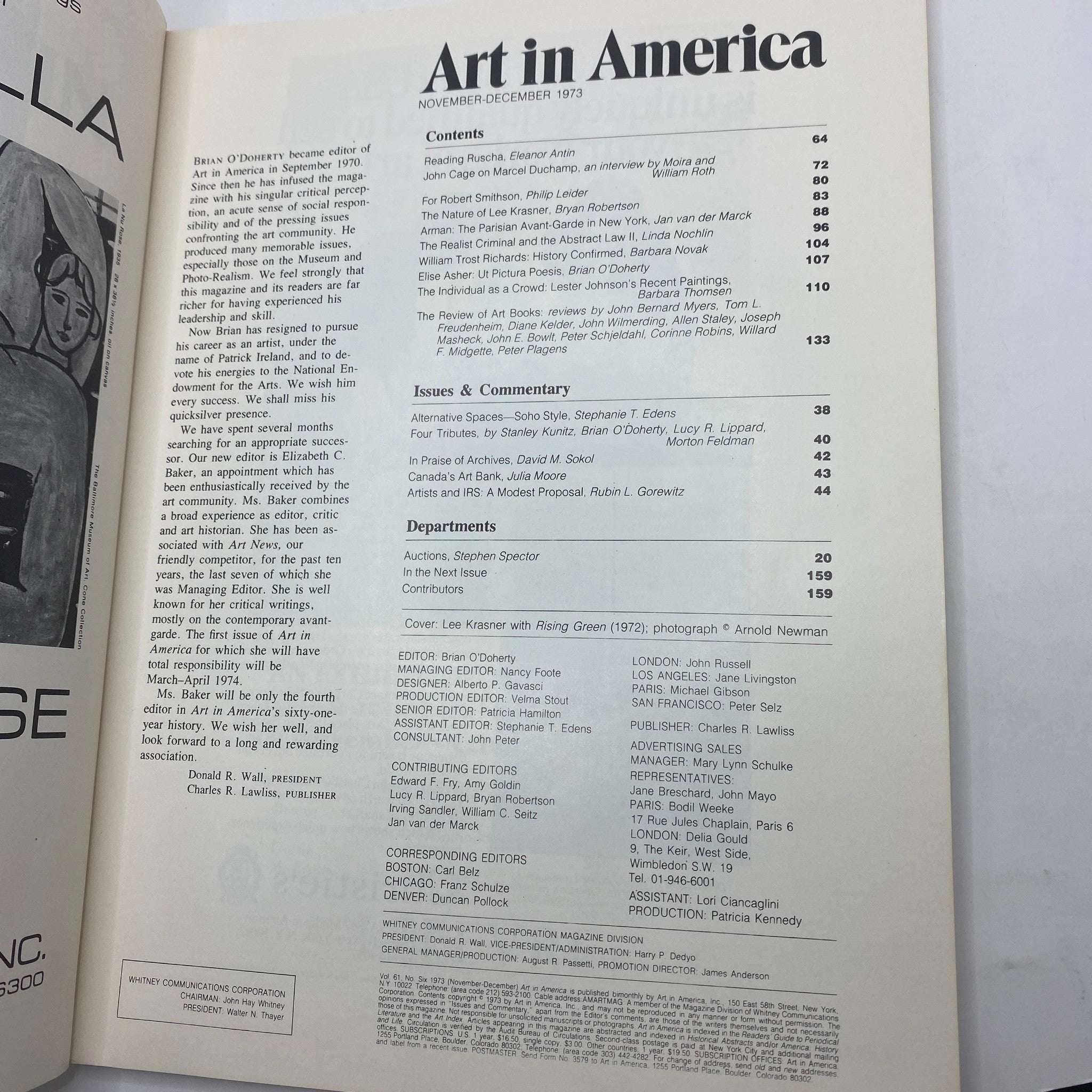 Inside page of the VTG Art in America Magazine November 1973 displaying the contents section, listing articles and features related to the Abstract Expressionist movement.