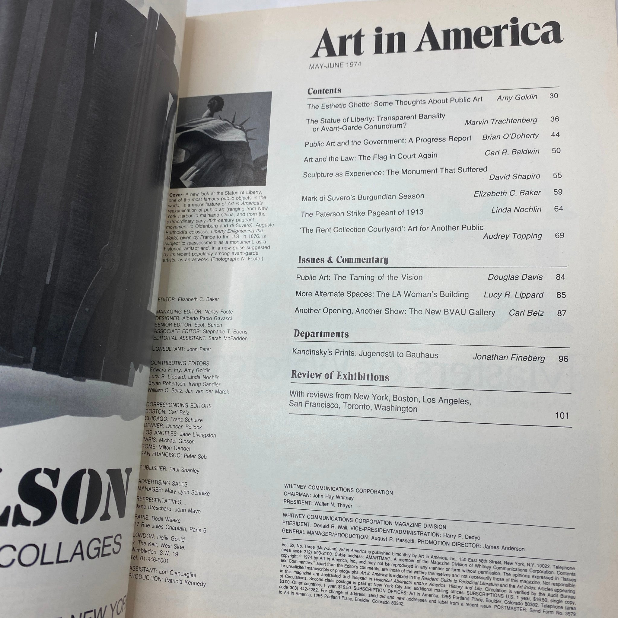 Interior page of VTG Art in America Magazine May 1974, displaying the contents and articles related to the Statue of Liberty and public art.