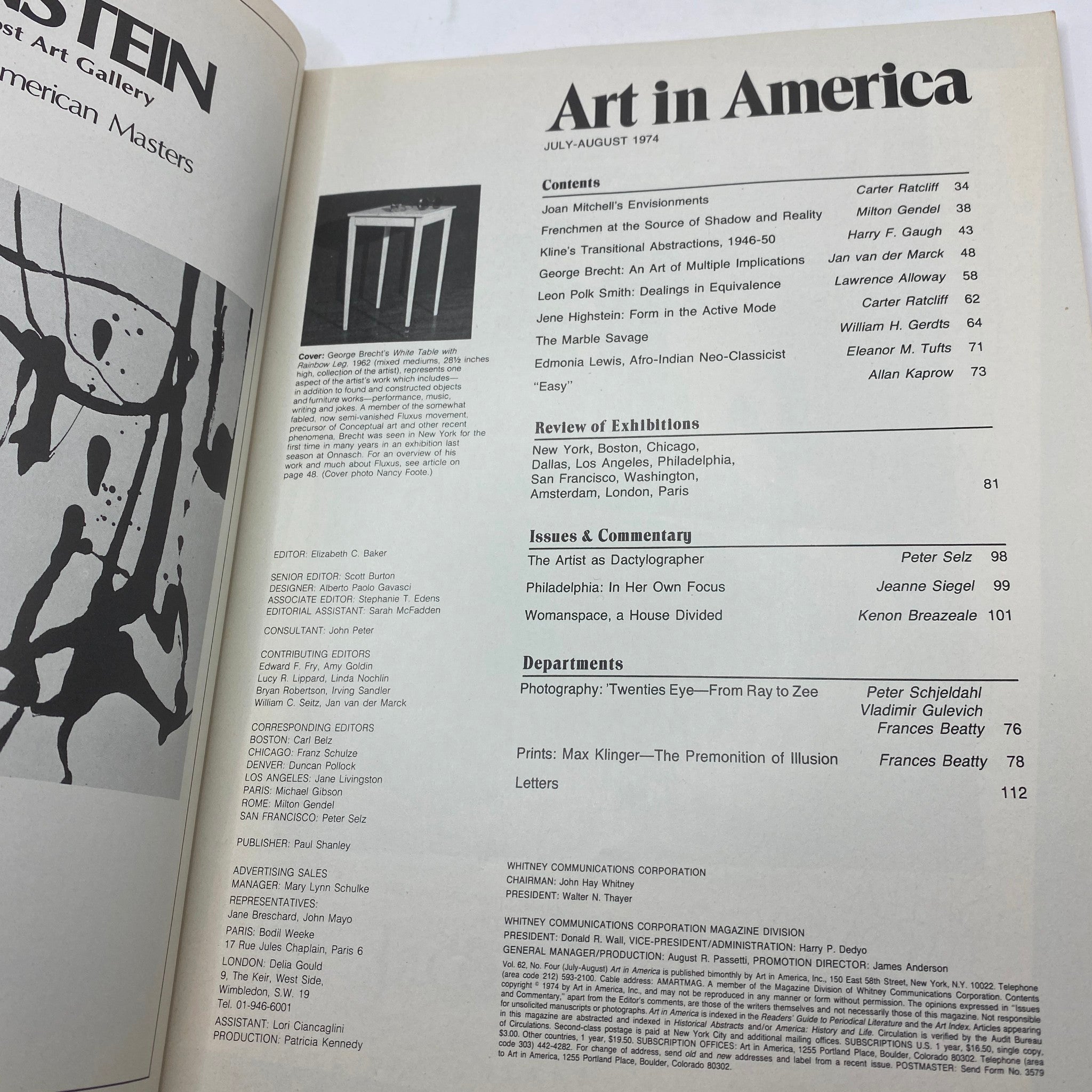 Interior page of Art in America Magazine July 1974, displaying contents and articles about George Brecht and significant art movements of the era.