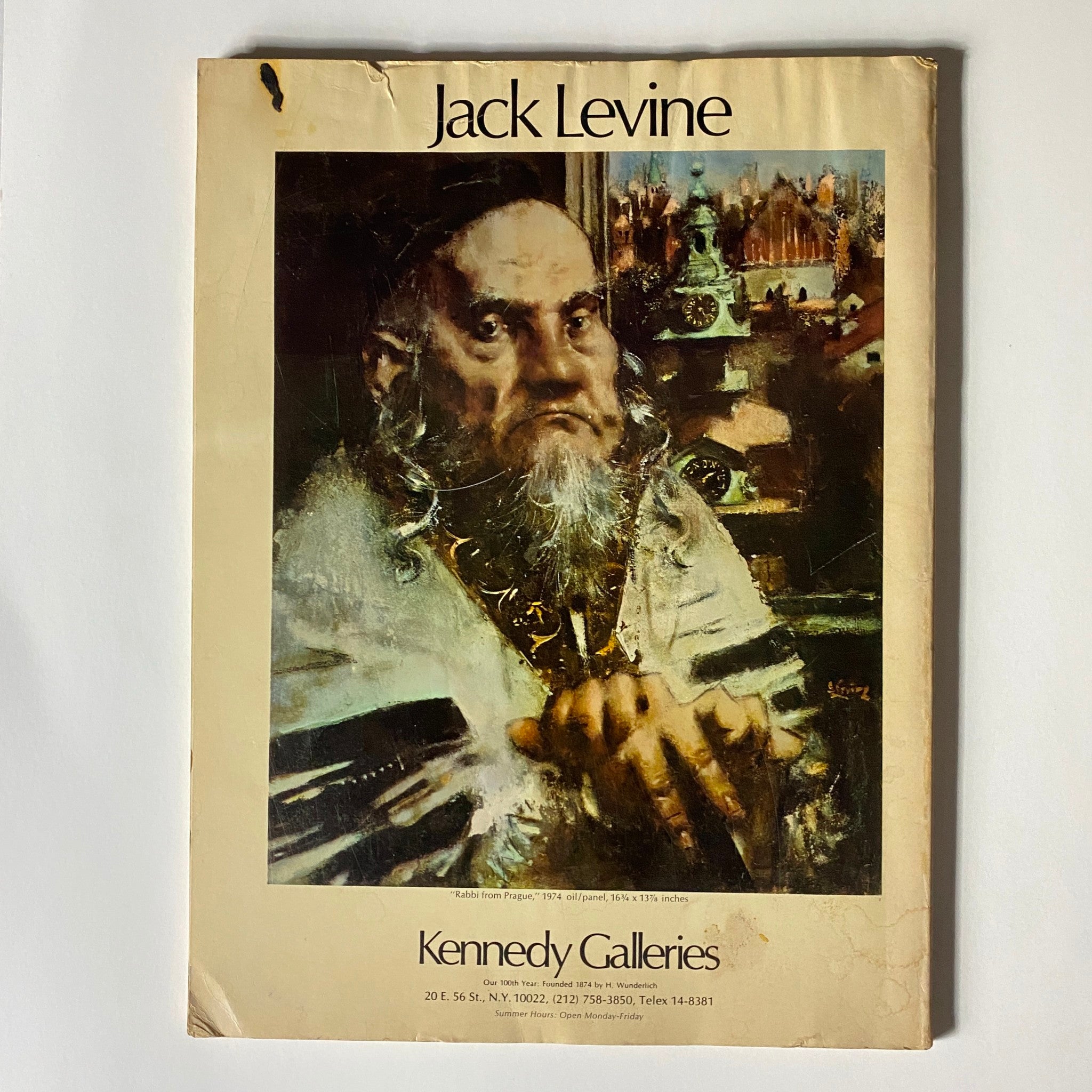 Cover of Jack Levine's artwork featured in the magazine titled 'Jack Levine', showcasing a portrait of a rabbi from Prague, highlighting his detailed features and the artistic style.