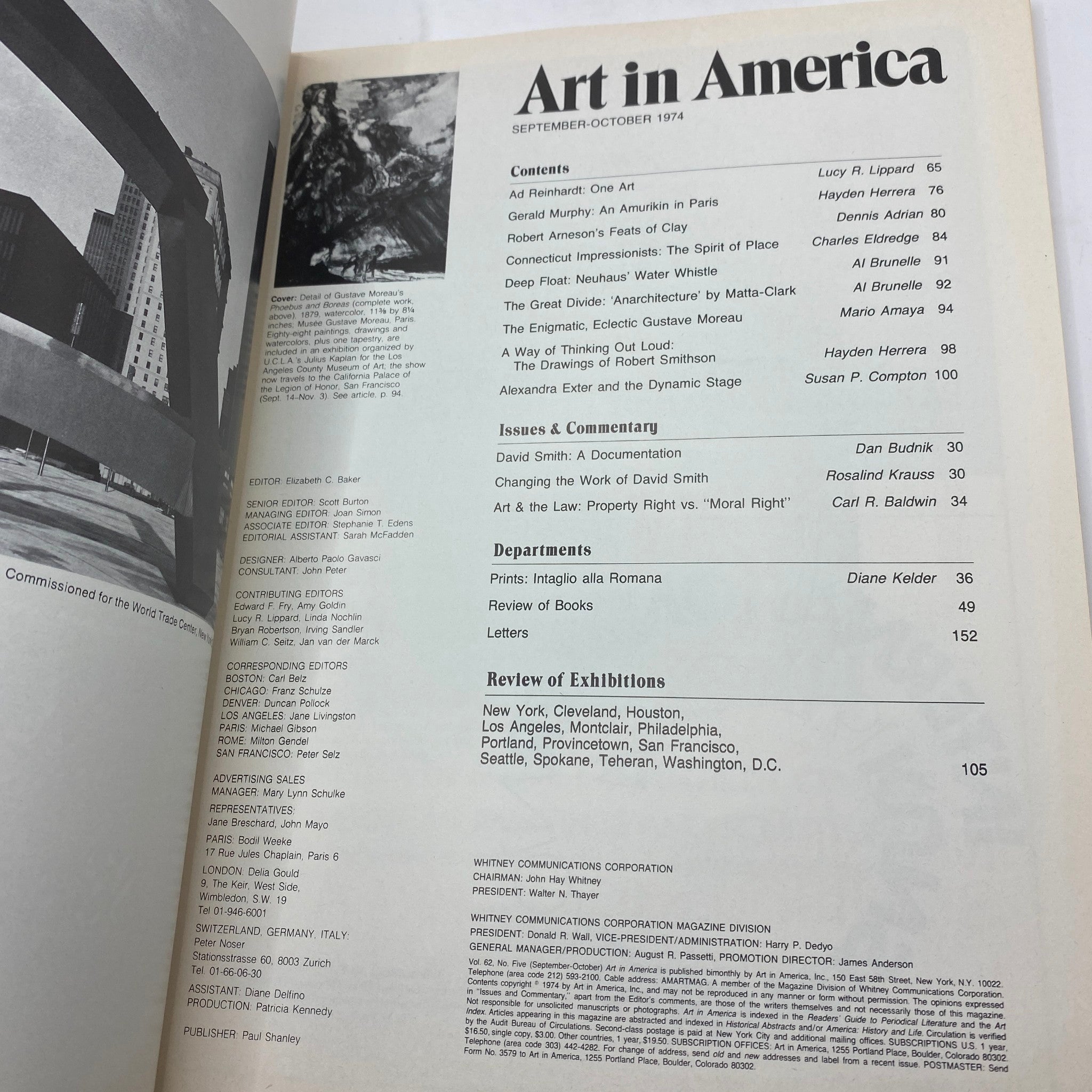 September-October 1974 issue of Art in America magazine featuring contents including essays and commentary on contemporary art, with notable contributors.