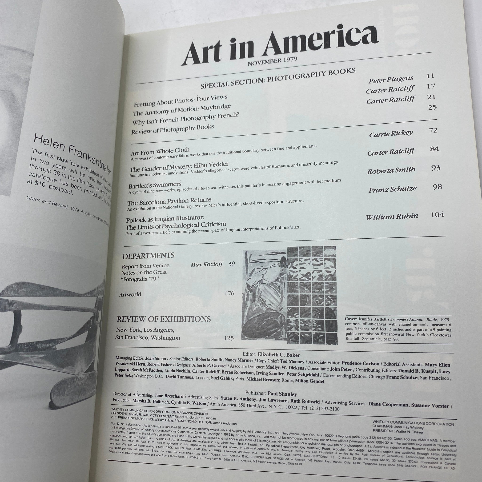 Interior page of Art in America Magazine November 1979, highlighting contents including special sections on photography books and artist features.
