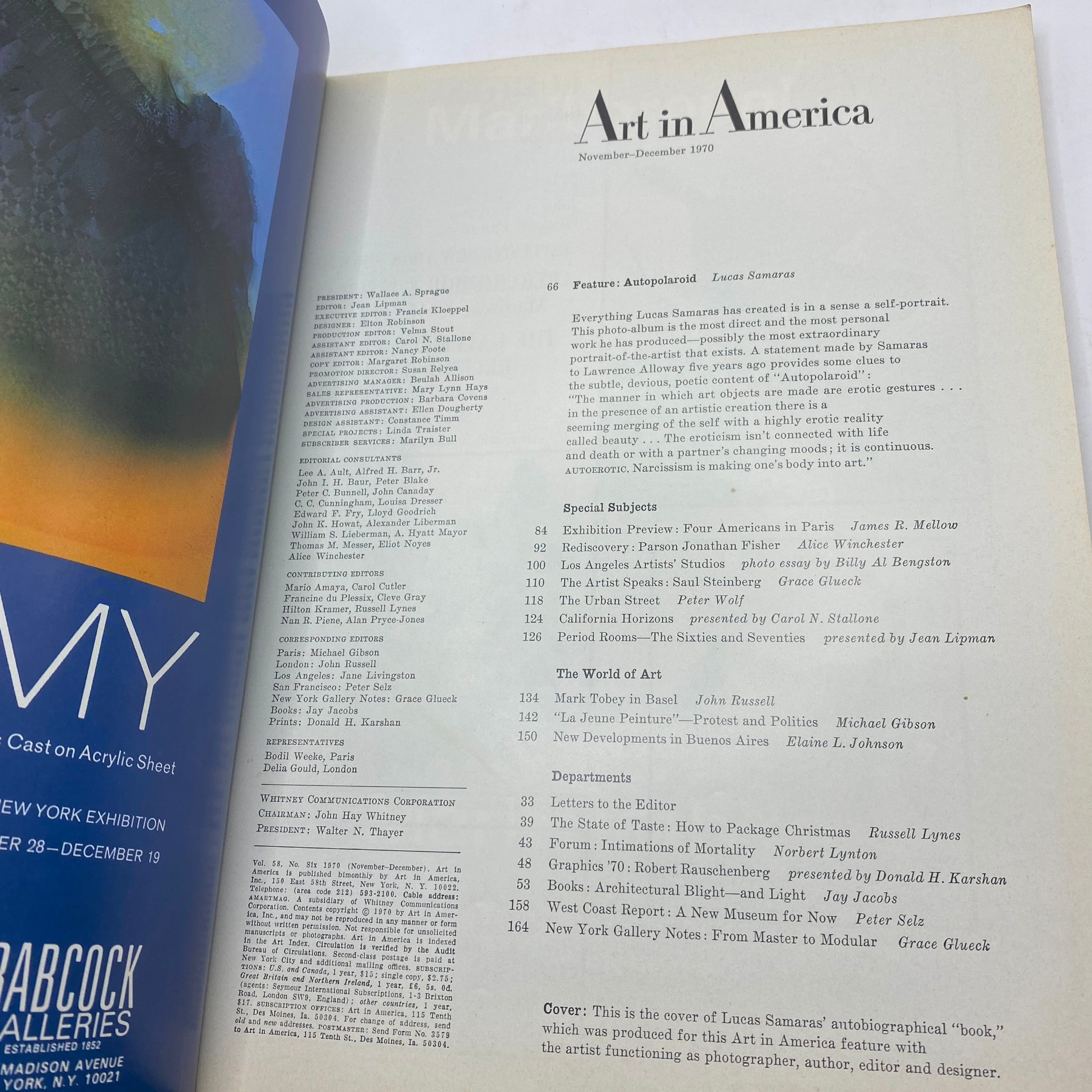 Interior page of VTG Art in America Magazine November 1970, featuring a table of contents and highlights from the publication, reflecting on artists and art trends.