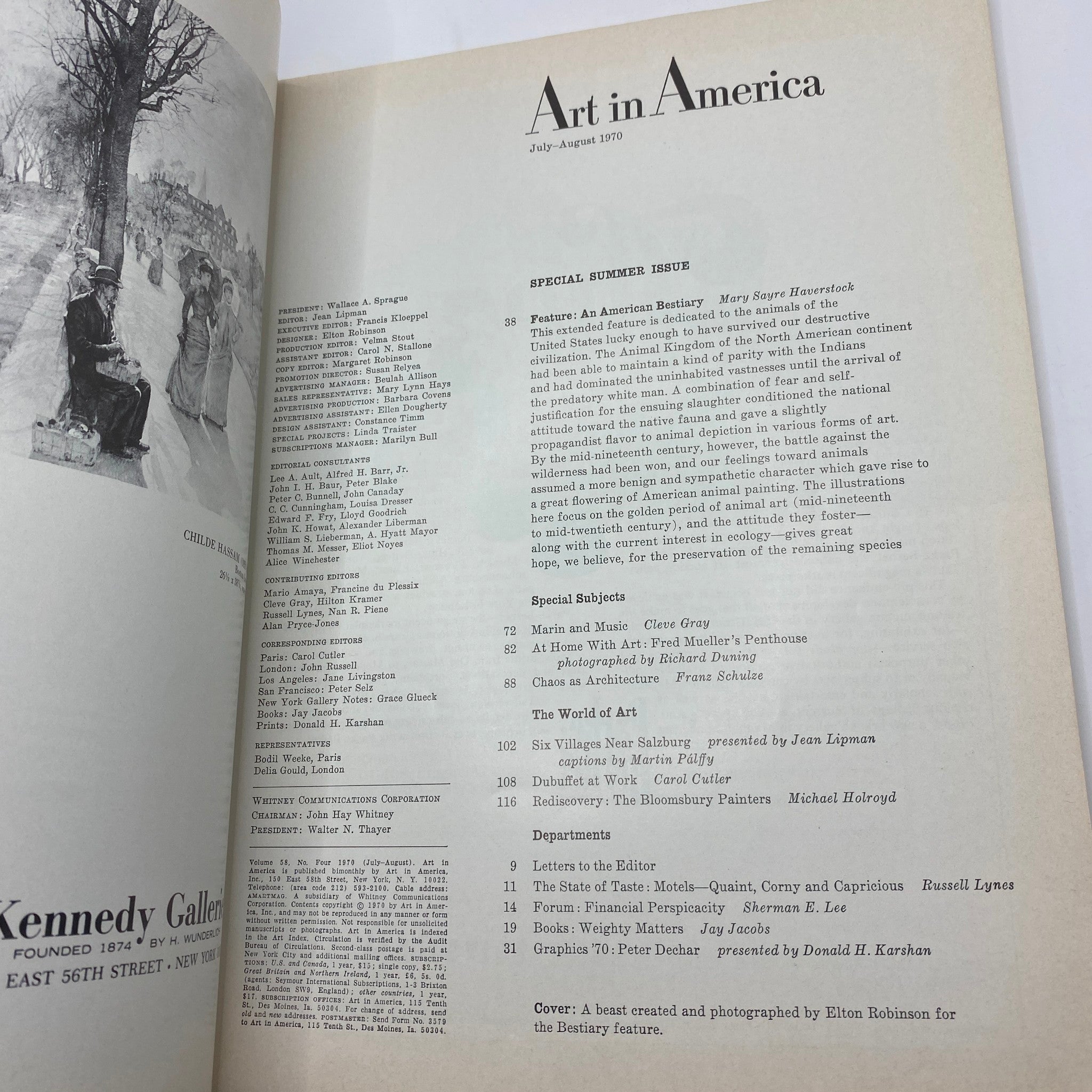 Interior page of VTG Art in America Magazine July 1970 showcasing details of the special feature on American Bestiary with contributions from various authors including Mary Sayre Haverstock.
