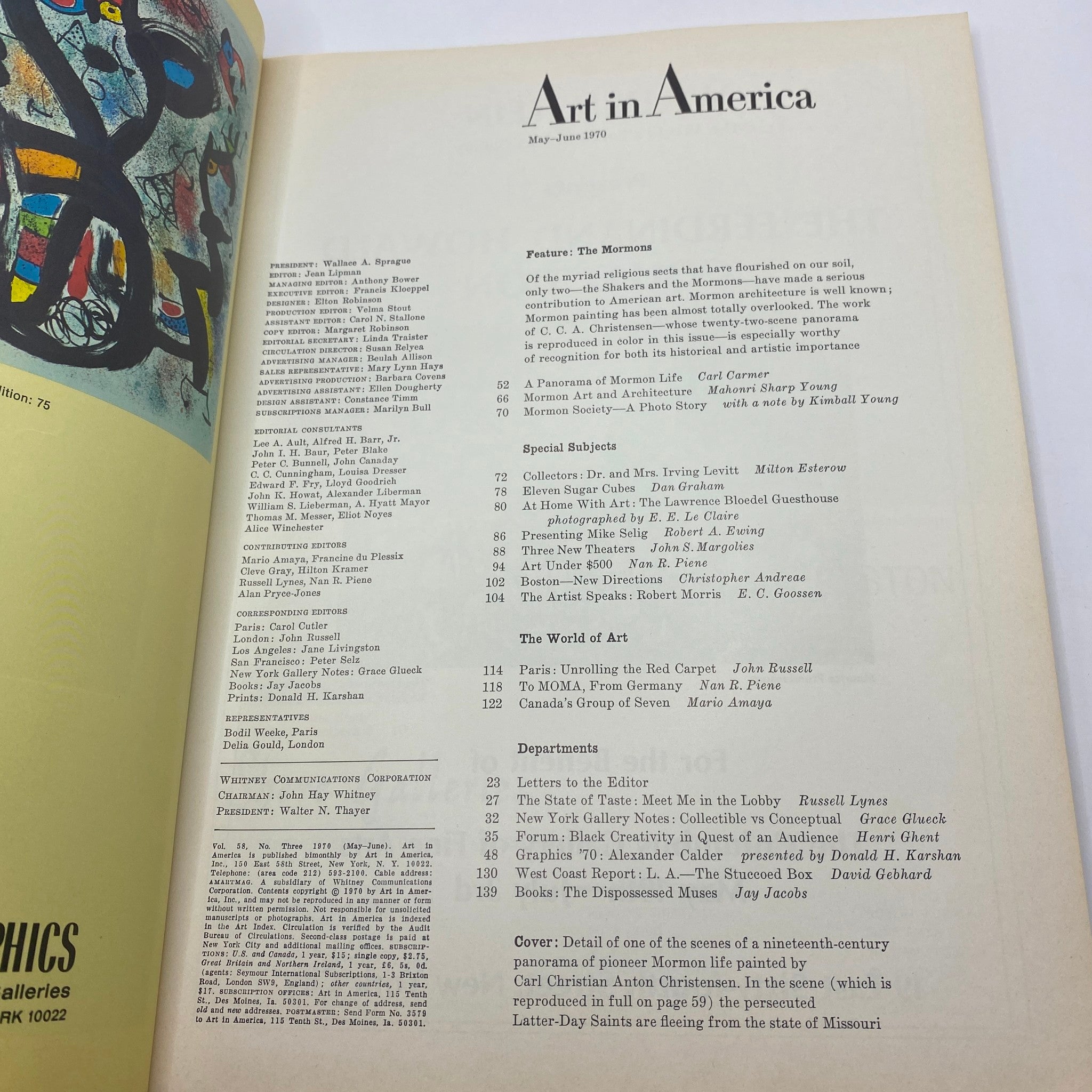 Inside page of VTG Art in America Magazine May 1970, listing contents including features on Mormon life and notable art subjects, highlighted by colorful artwork.