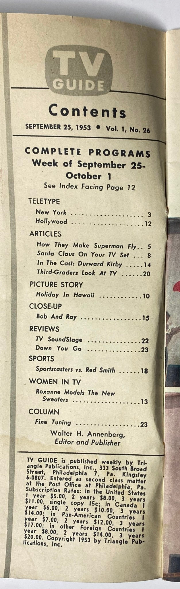 Inside page of TV Guide Magazine from September 25, 1953, detailing the contents including program listings, articles about television, and features of the week, underscoring the publication's focus on early TV programming.