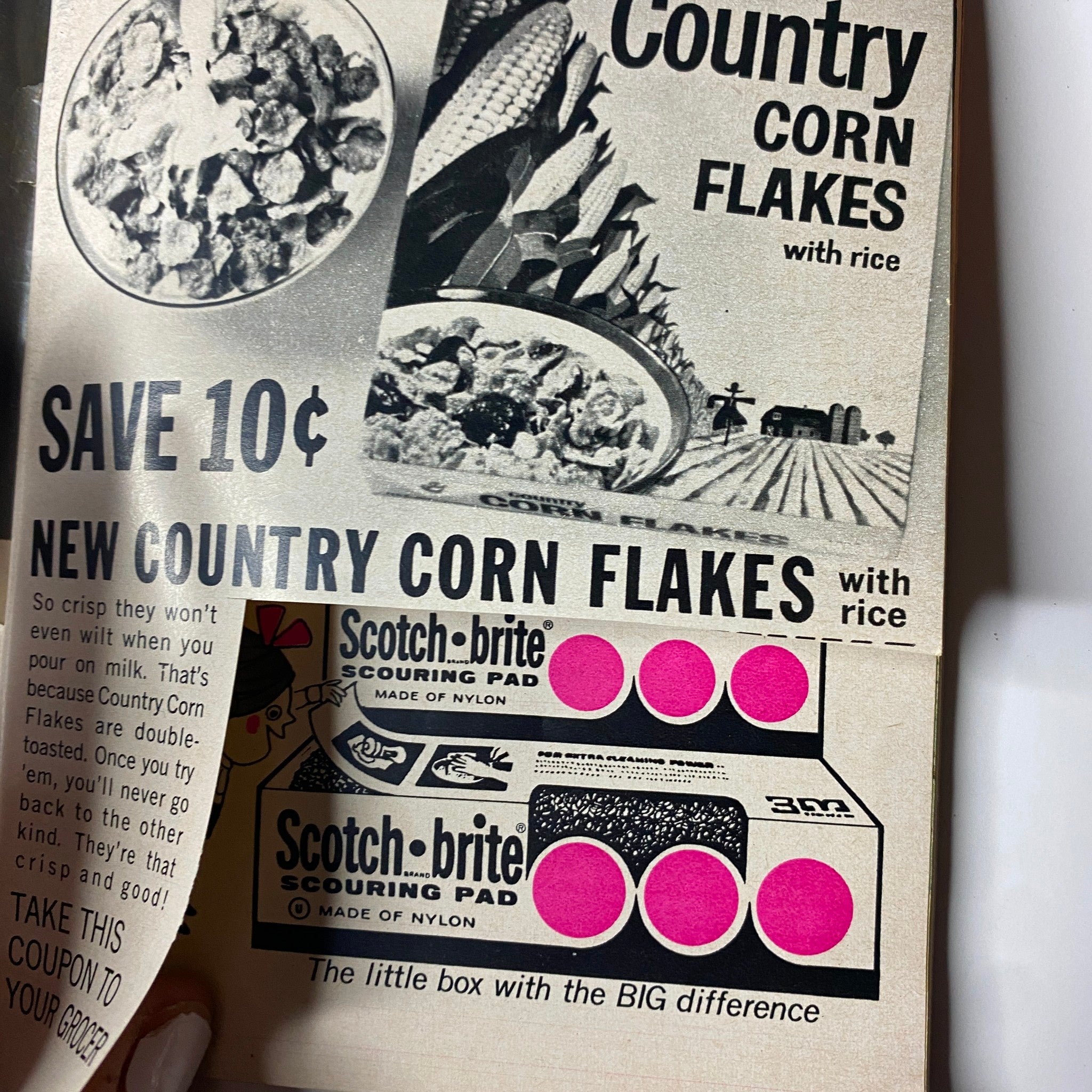 Advertisement for Country Corn Flakes and Scotch-Brite Scouring Pads from TV Guide Magazine January 25, 1964.