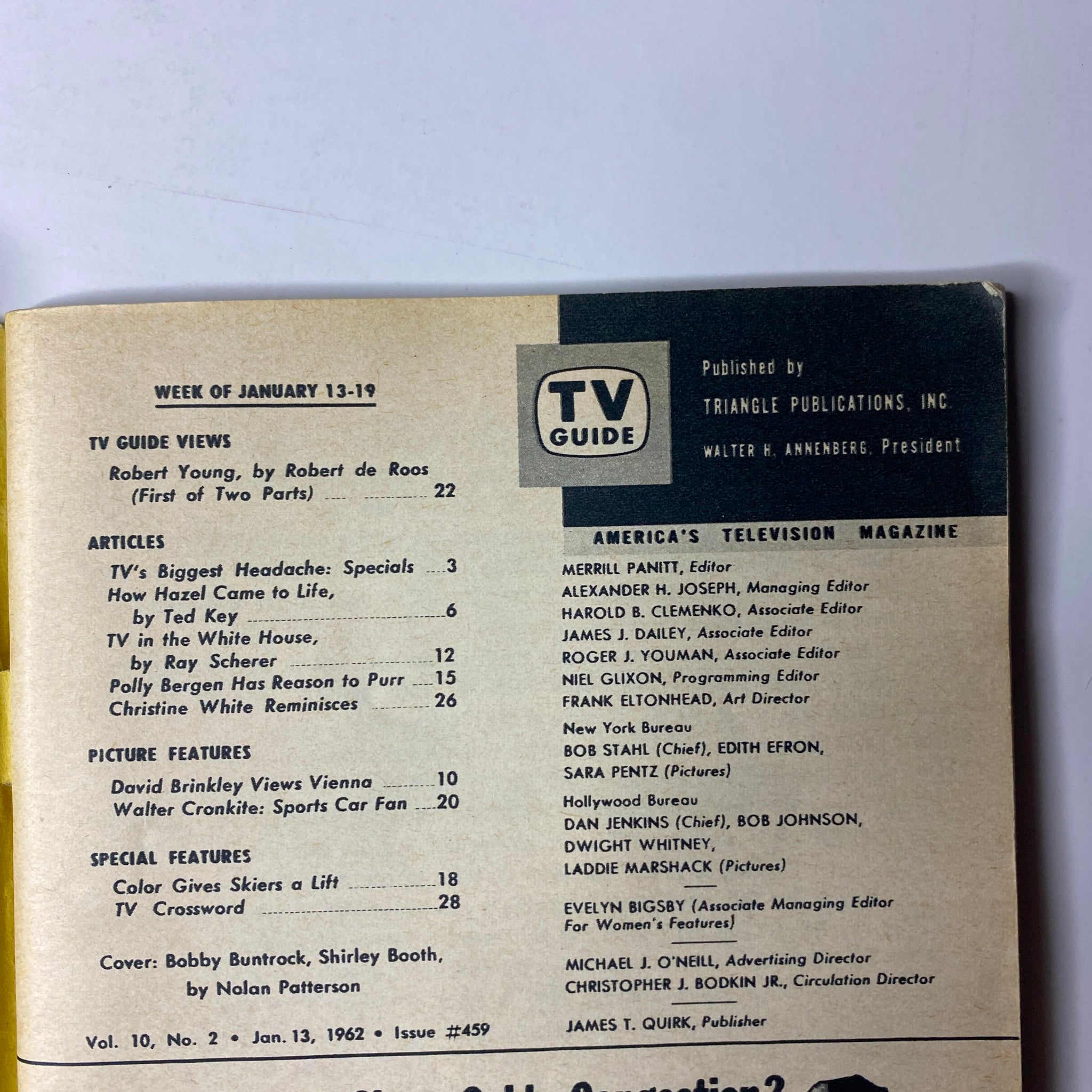 Inside page of TV Guide Magazine January 13, 1962 highlighting articles and features including Robert Young, how Hazel came to life, and a detailed table of contents. This page reflects the magazine's classic television journalism.