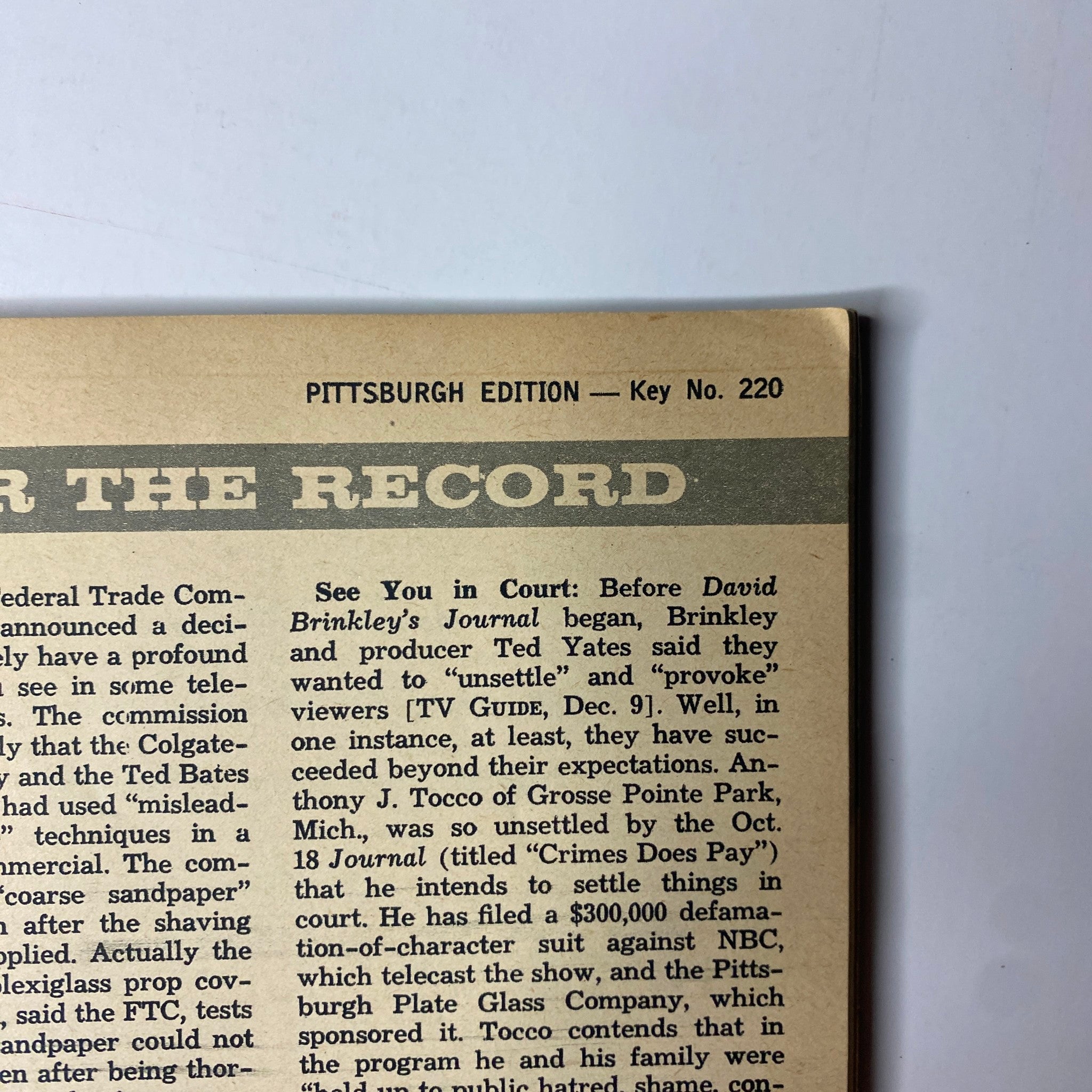 TV Guide Magazine January 13, 1962, Pittsburgh Edition, featuring content about David Brinkley's Journal, showcasing a section labeled 'FOR THE RECORD' and discussing television programming insights.