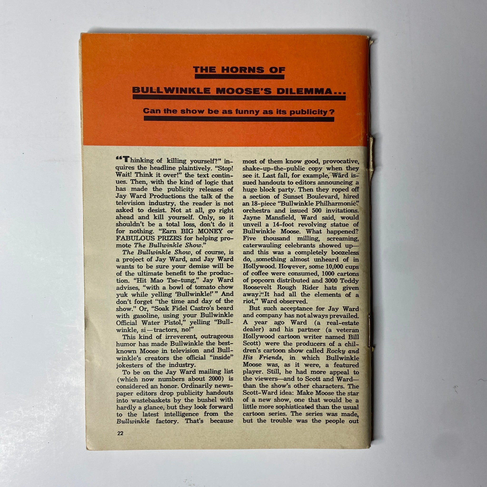 Article page titled 'The Horns of Bullwinkle Moose's Dilemma' from TV Guide Magazine January 20, 1962 discussing the show's publicity and its comedic elements.