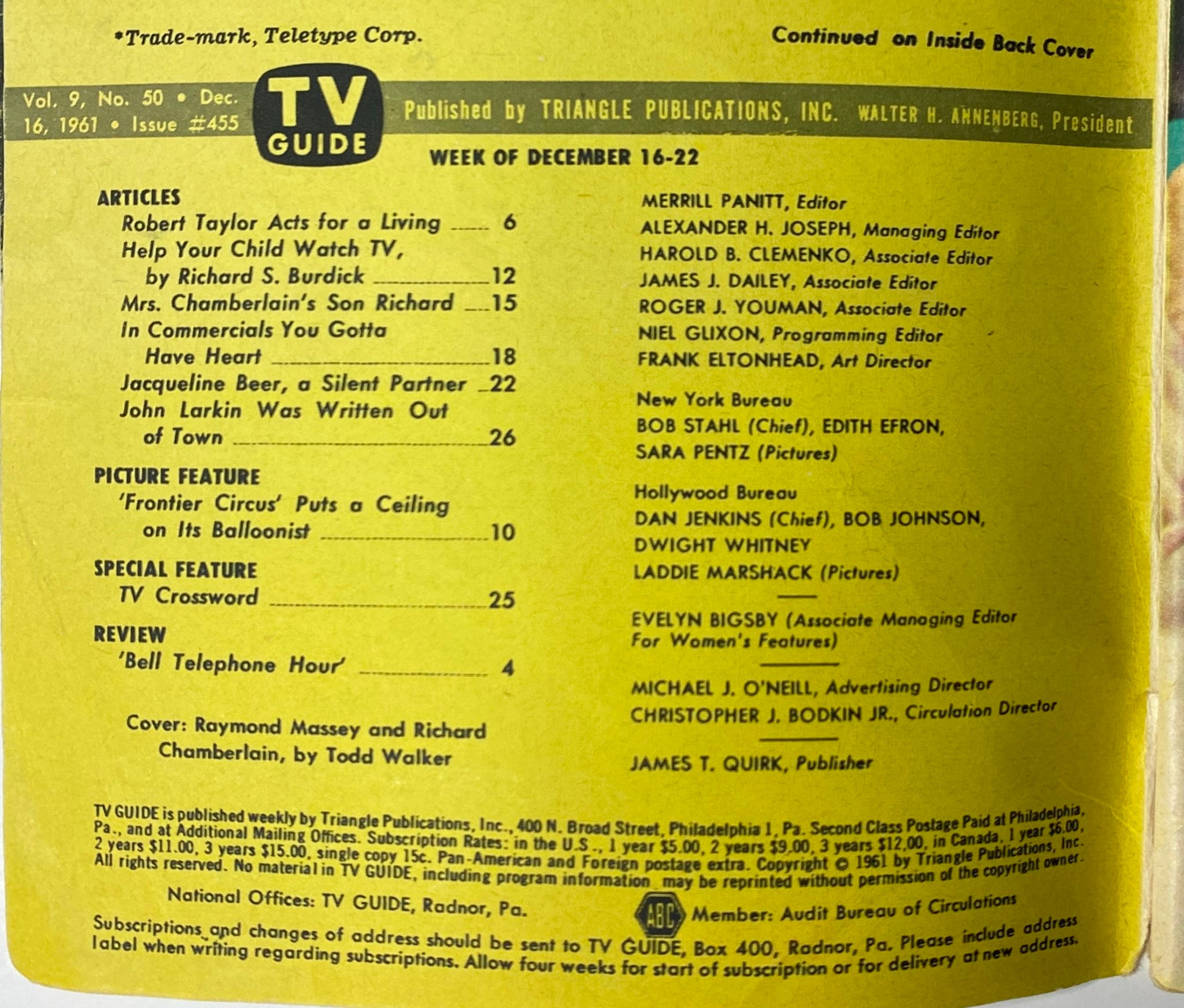 Inside content of TV Guide Magazine December 16, 1961, listing articles and features, including a profile on Richard Chamberlain, and reviews relevant to the week’s programming.