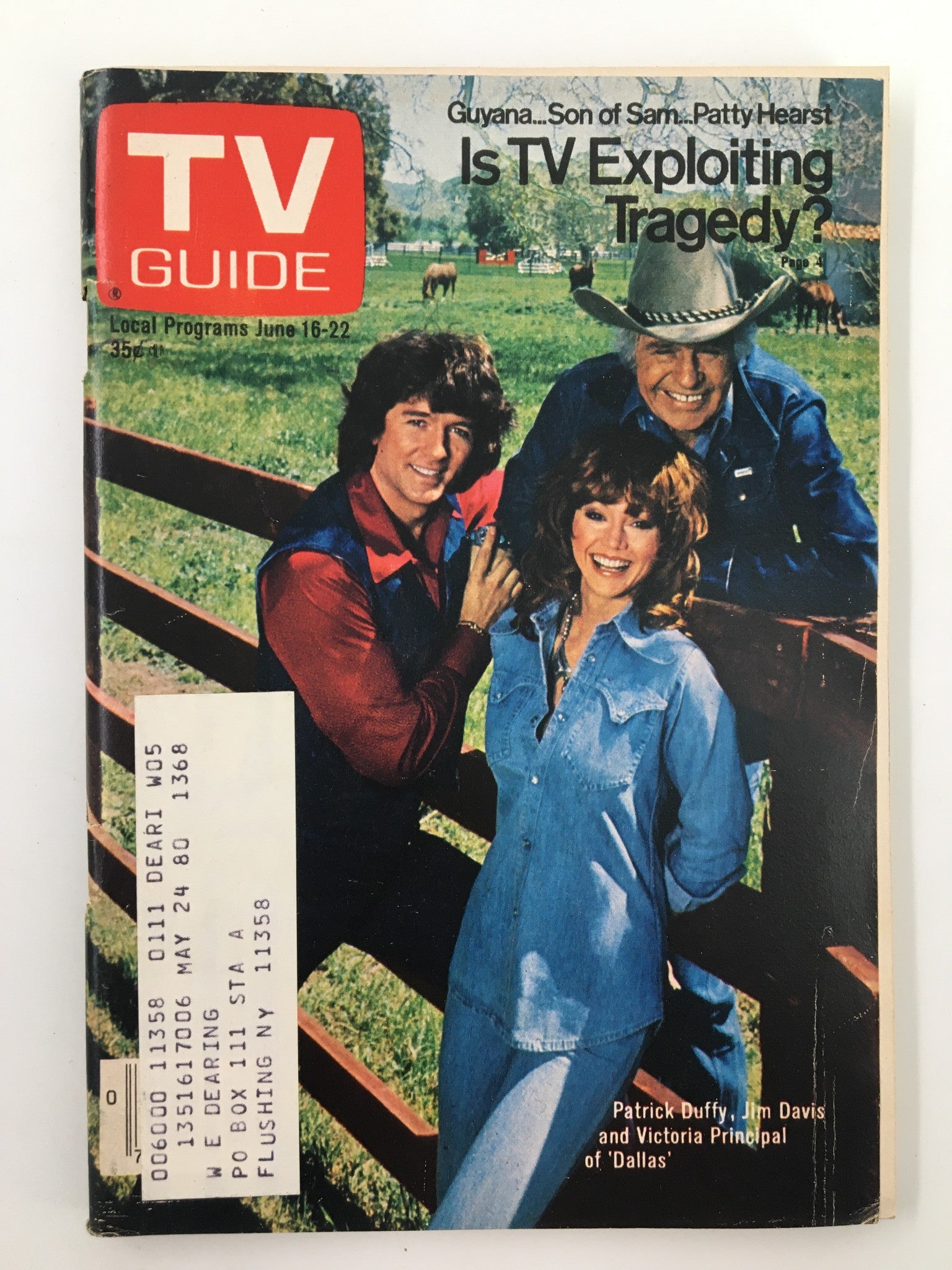 Cover of TV Guide Magazine from June 16, 1979 featuring stars Patrick Duffy, Jim Davis, and Victoria Principal, showcasing iconic television moments from the late 1970s.