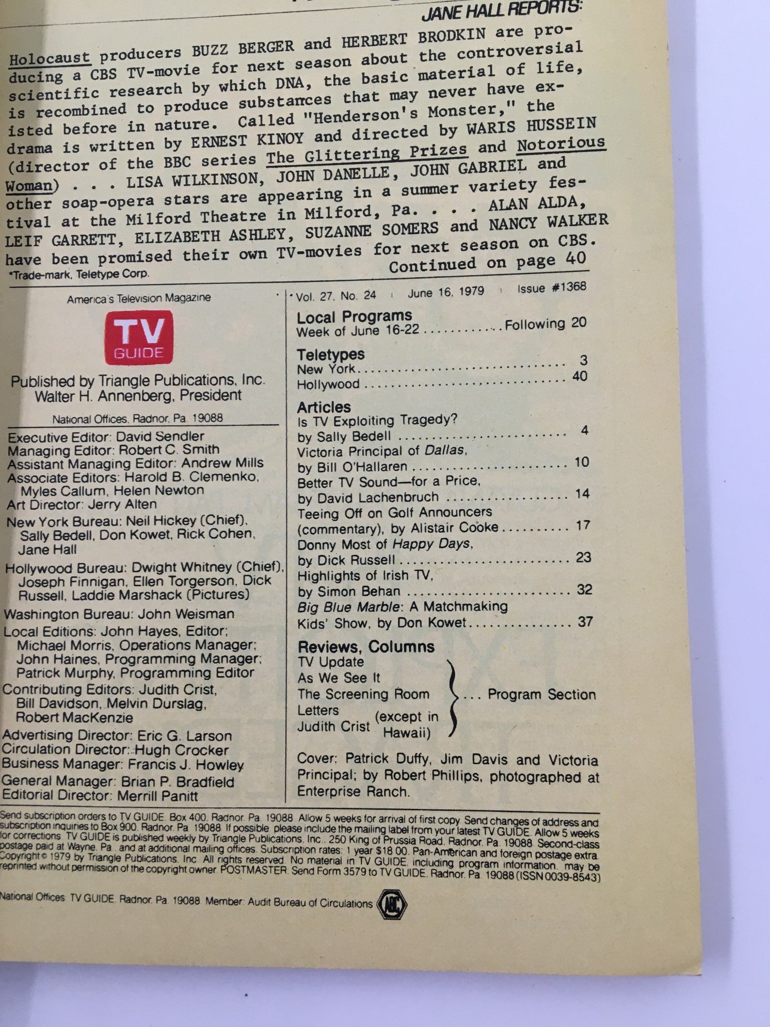 Back cover of TV Guide Magazine June 16, 1979, displaying an article about television programming and features from the era, providing insights into popular shows and cultural trends.