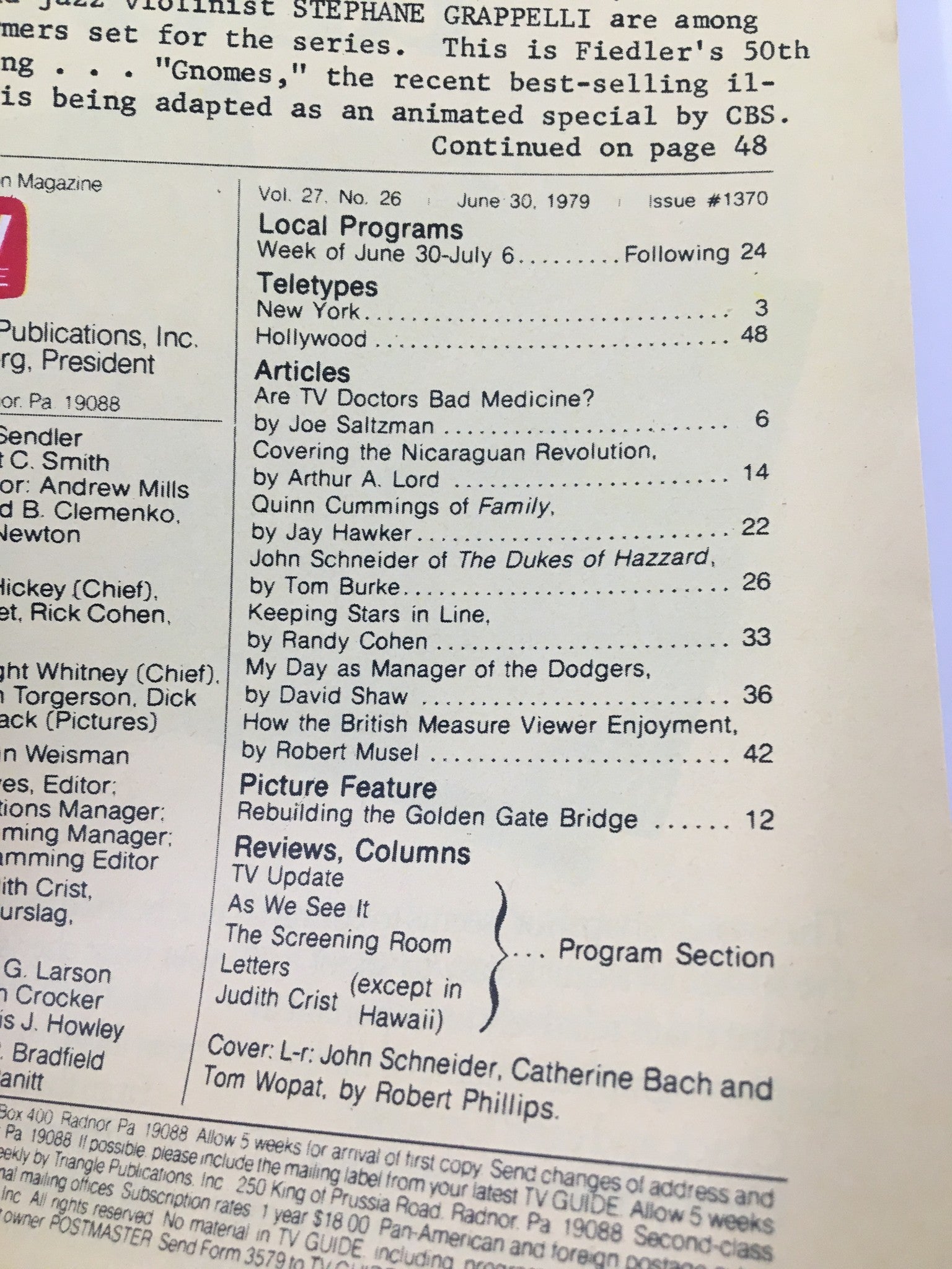 Contents page of TV Guide Magazine June 30, 1979 displaying articles, local programs, and featured actors including John Schneider from 'The Dukes of Hazzard'.