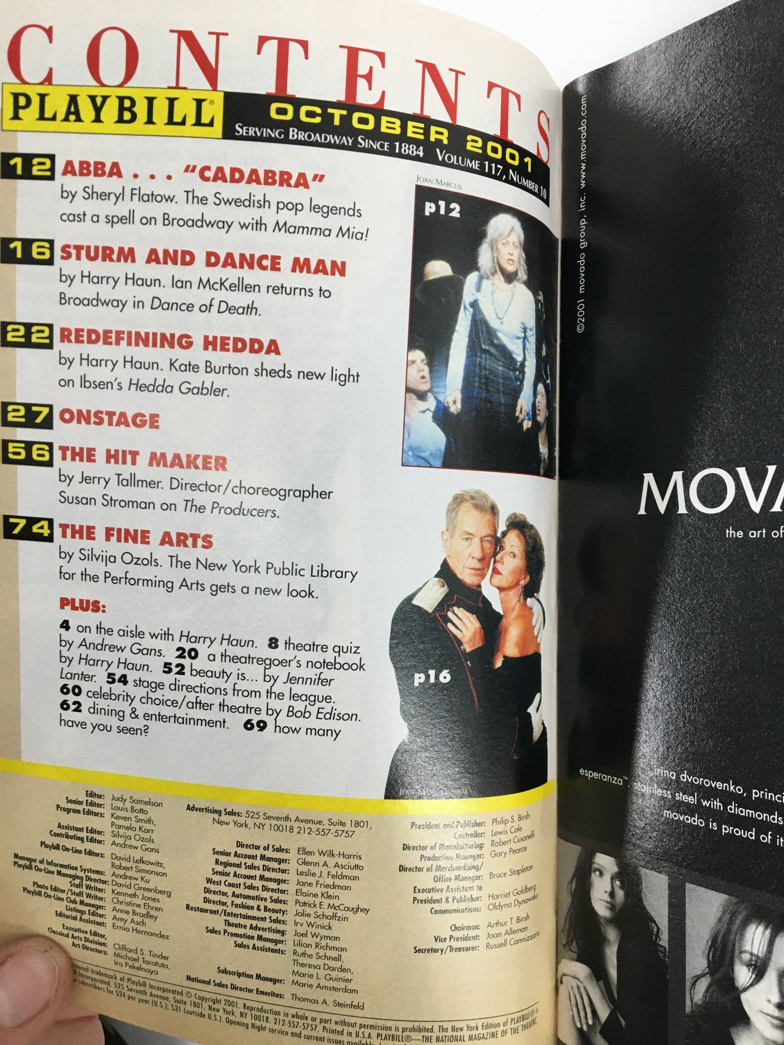 Table of contents page from the 2001 Playbill for The Late Henry Moss, accompanied by articles including ABBA's 'Cadarbra' and other theatrical features.