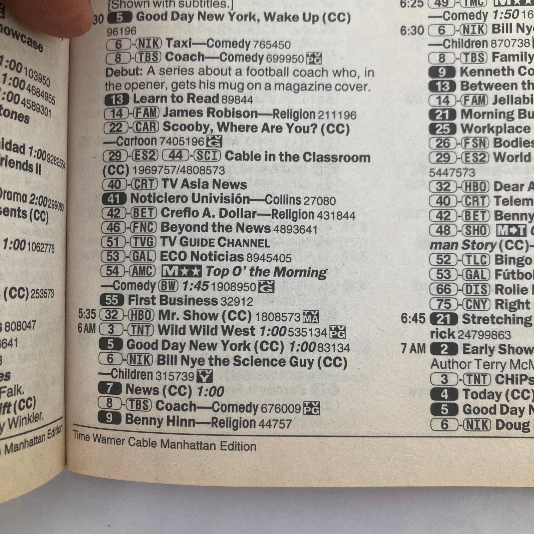 Interior page of TV Guide Magazine January 13 2001, Time Warner Cable Manhattan edition, displaying television listings and programming details.