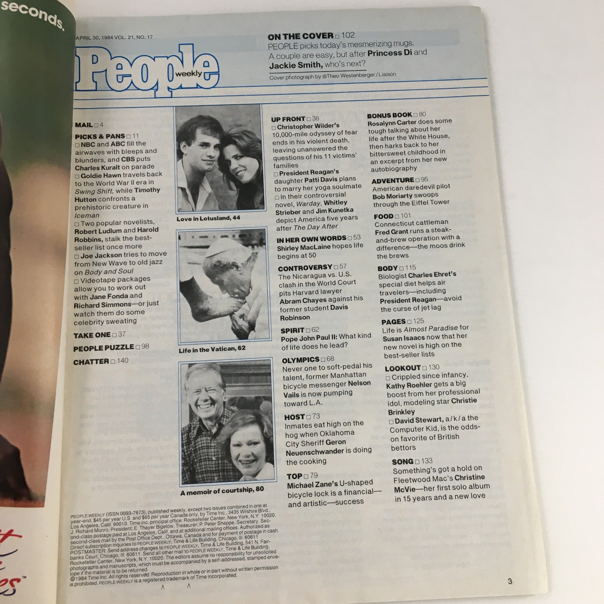 Interior page of People Weekly Magazine from April 30, 1984 showcasing articles and features, including noteworthy mentions of Princess Di and Jackie Smith.
