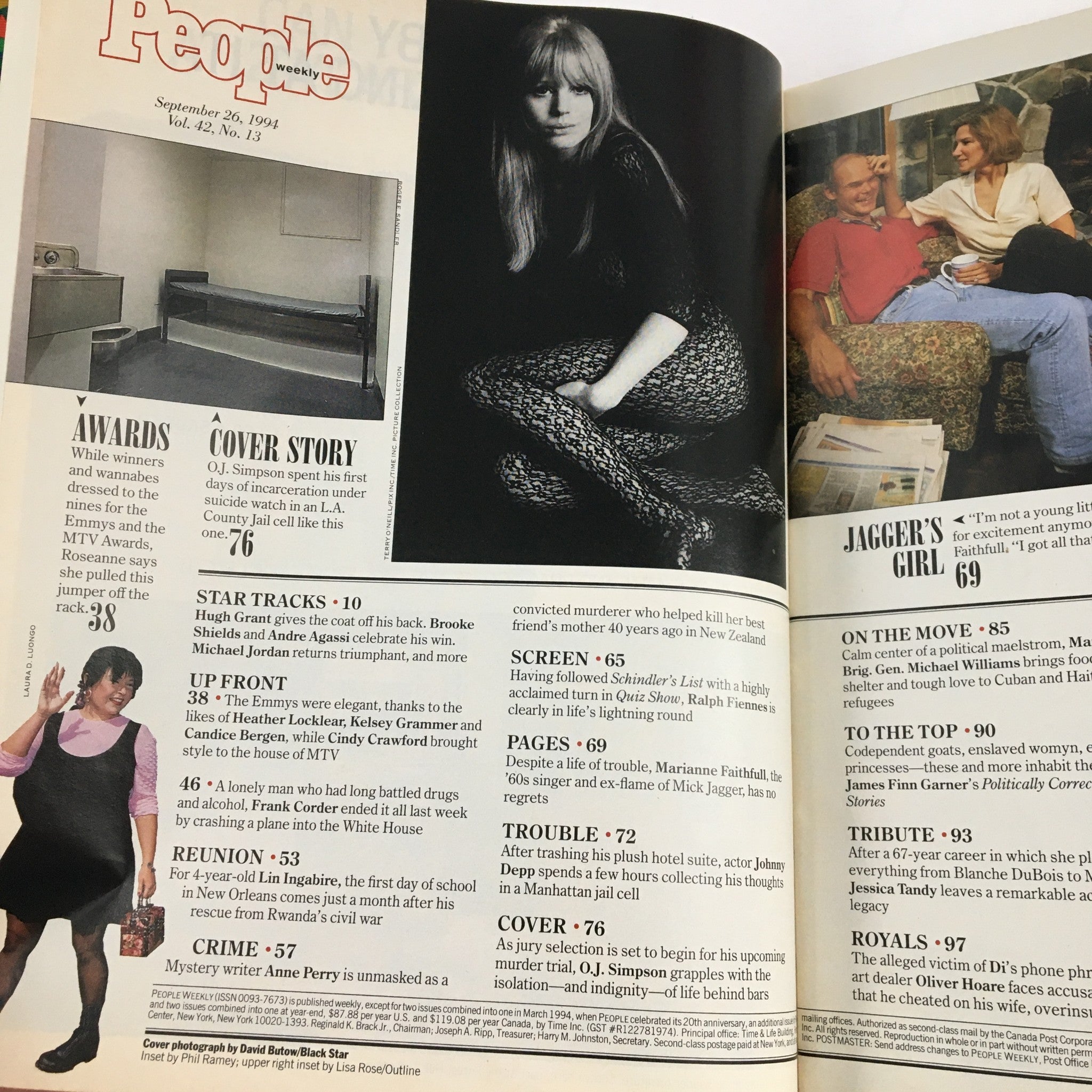 Inside page of People Weekly Magazine September 26 1994 showcasing a cover story about O.J. Simpson's incarceration with a layout of articles and images.