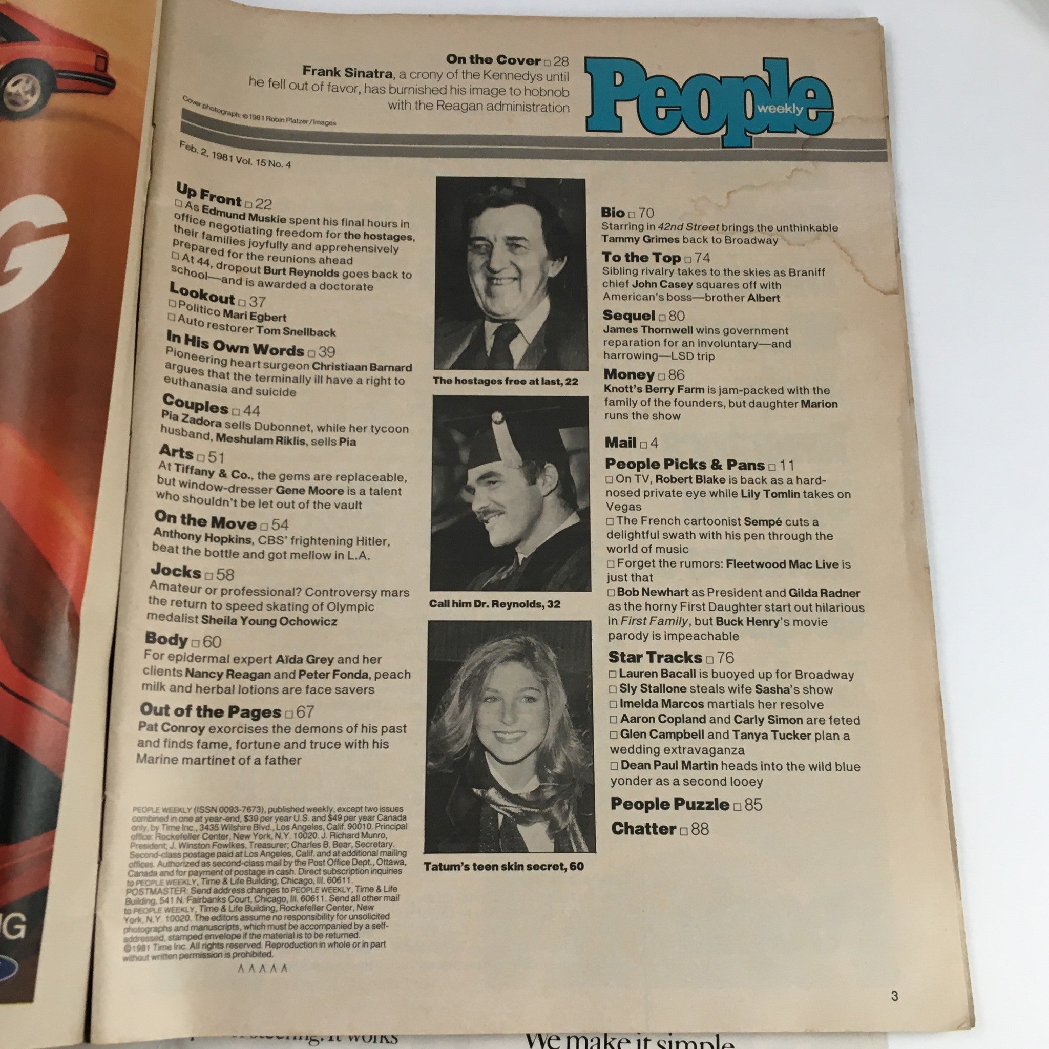 Table of contents from People Weekly Magazine February 2, 1981 displaying featured articles, including a section on Frank Sinatra.