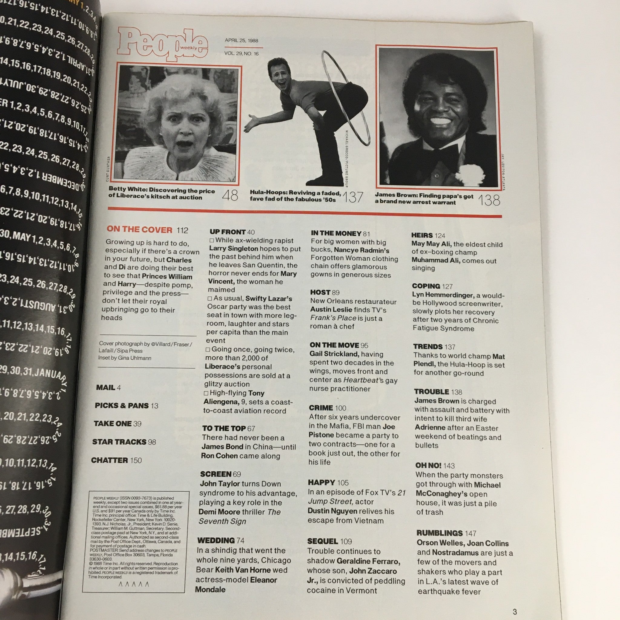 Inside page of People Weekly Magazine dated April 25, 1988, featuring articles about celebrities, including Betty White and James Brown, related to the cover story of Princess Diana and Prince William. A glimpse into the cultural context of the late 1980s.