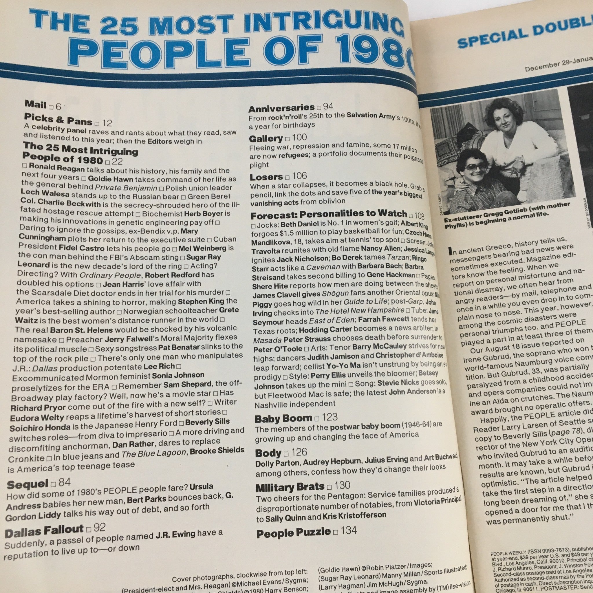 Inside page from People Weekly Magazine, December 29, 1980, featuring 'The 25 Most Intriguing People of 1980' highlighting notable figures and events of the year.