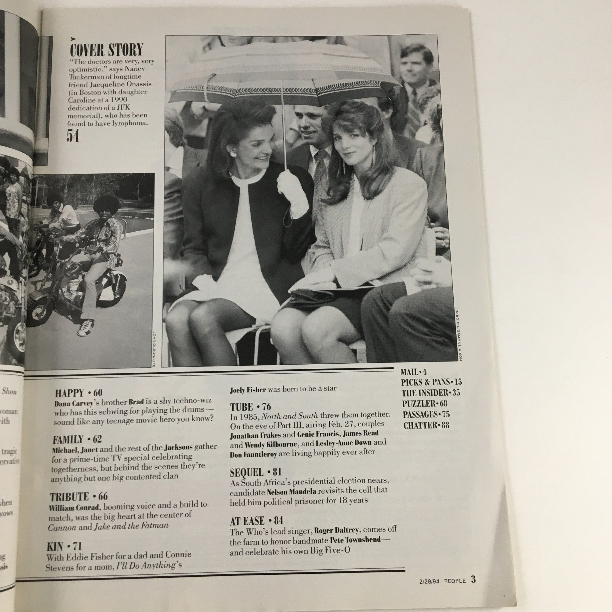 Another inside page of People Weekly Magazine February 28, 1994 displaying an article about Jackie Onassis, along with a photograph capturing her and Caroline Kennedy during a significant moment.