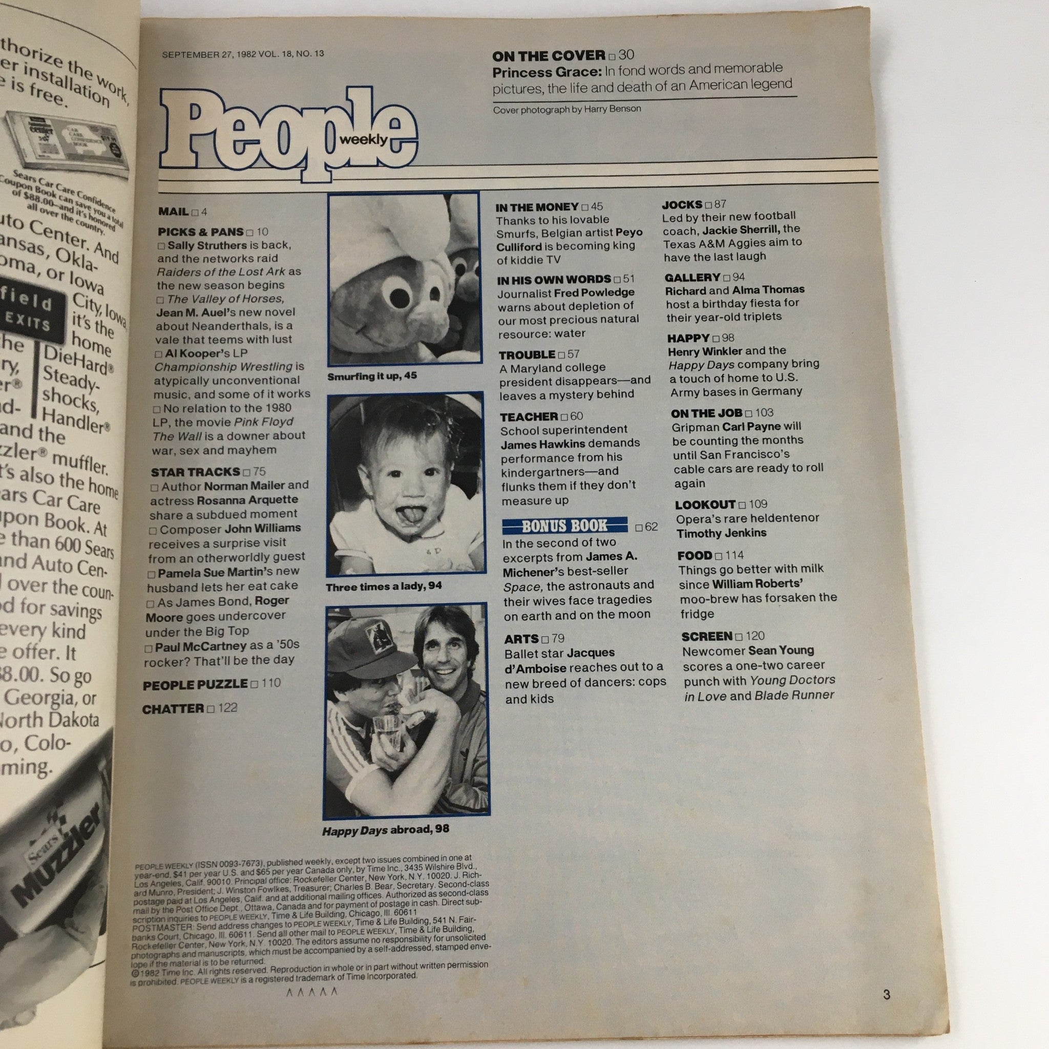 Interior page of People Weekly Magazine from September 27, 1982, with a feature on Princess Grace, 1929-1982, showcasing contents and articles.
