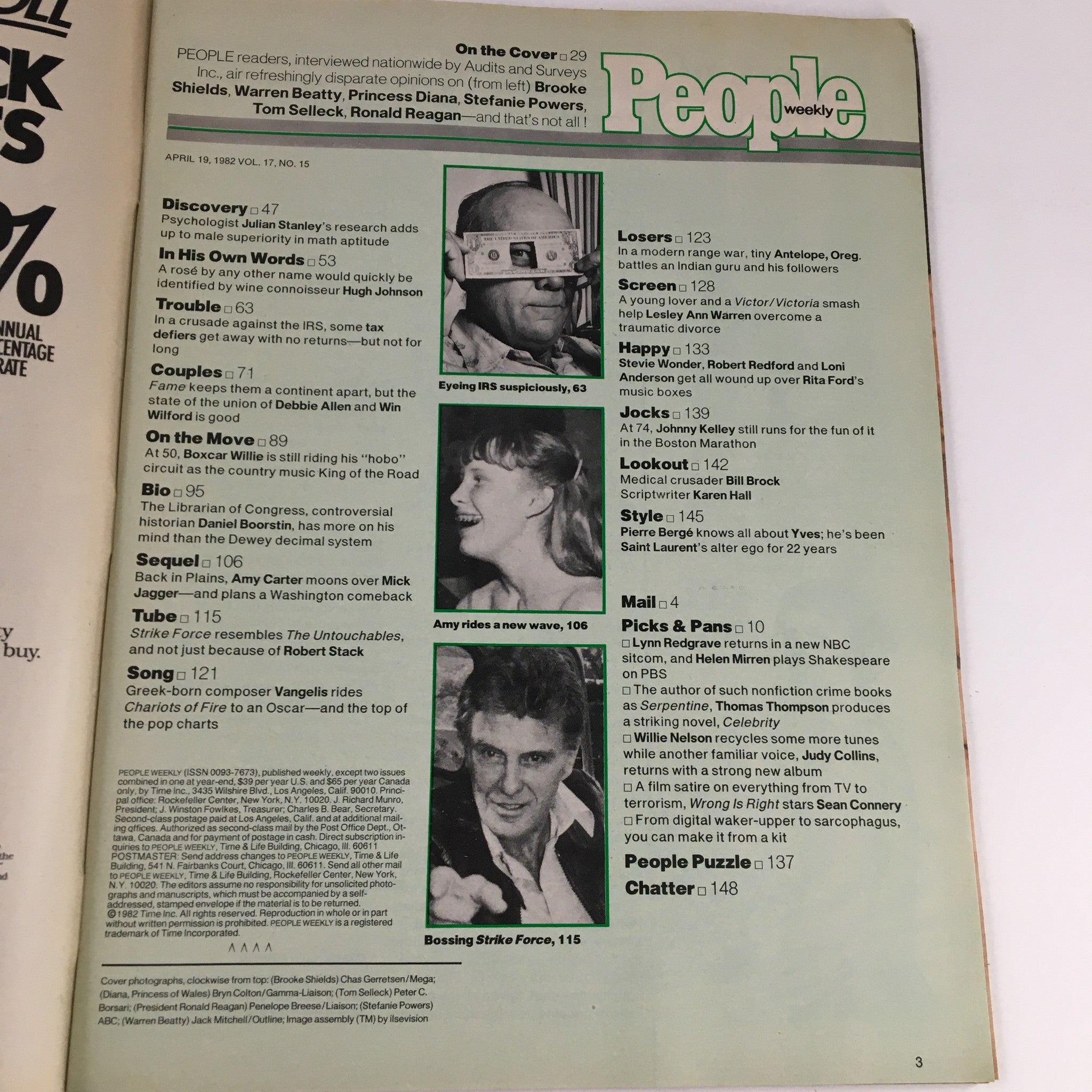 Inside page of People Weekly Magazine dated April 19, 1982, showcasing articles and features about celebrities including Brooke Shields and Princess Diana.
