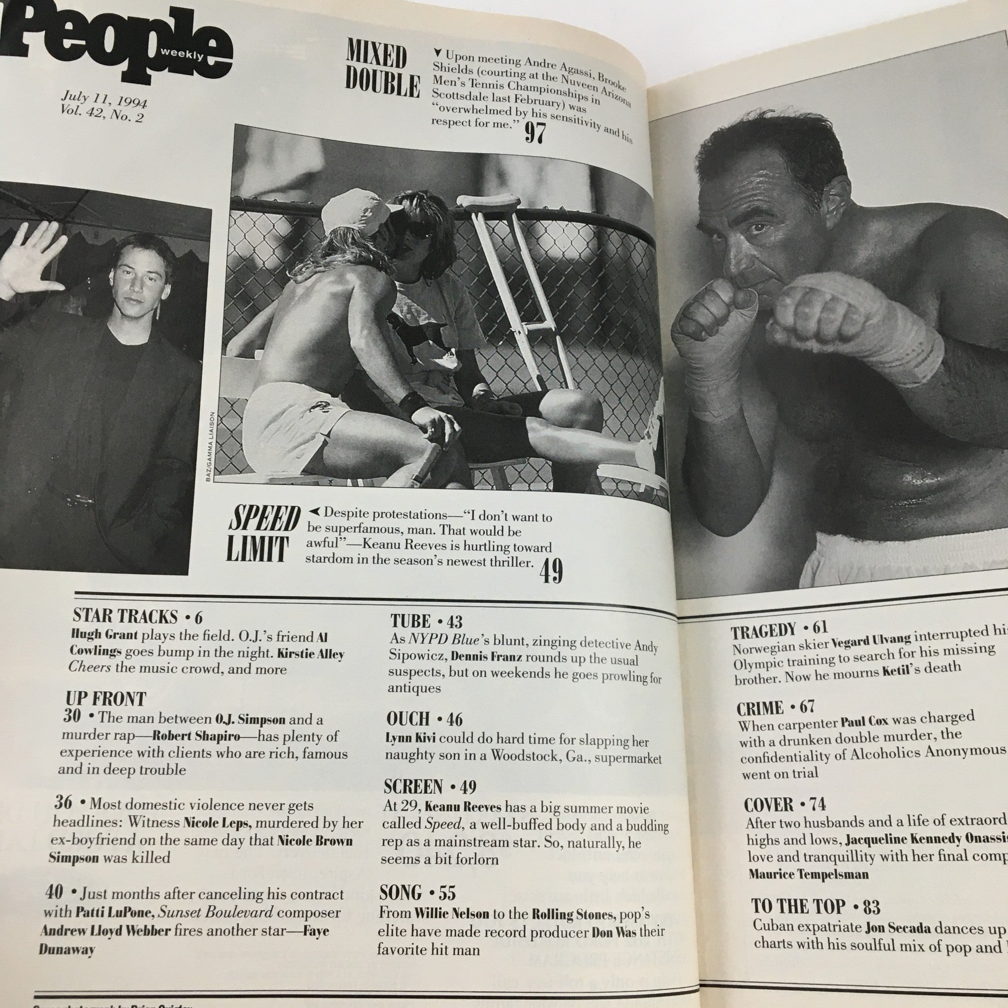 Interior page of People Weekly Magazine from July 11, 1994, featuring articles about pop culture, including Keanu Reeves, alongside a mention of Jackie Onassis and Maurice Tempelsman.