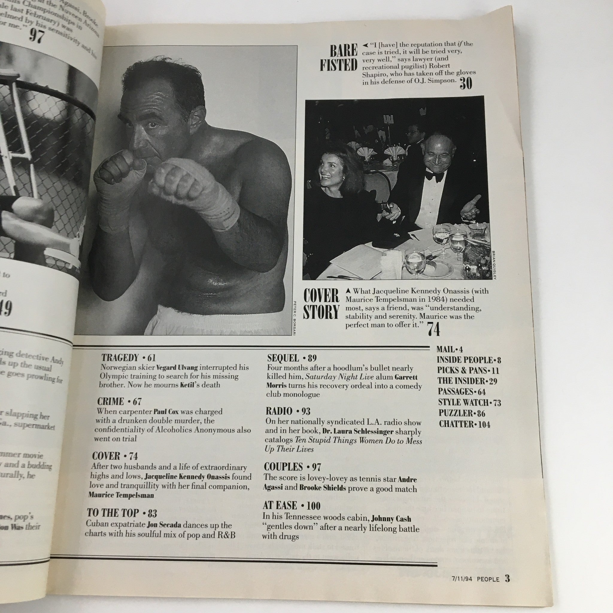 Second interior page of People Weekly Magazine July 11, 1994, displaying additional articles, including a cover story reference related to Jackie Onassis and Maurice Tempelsman.