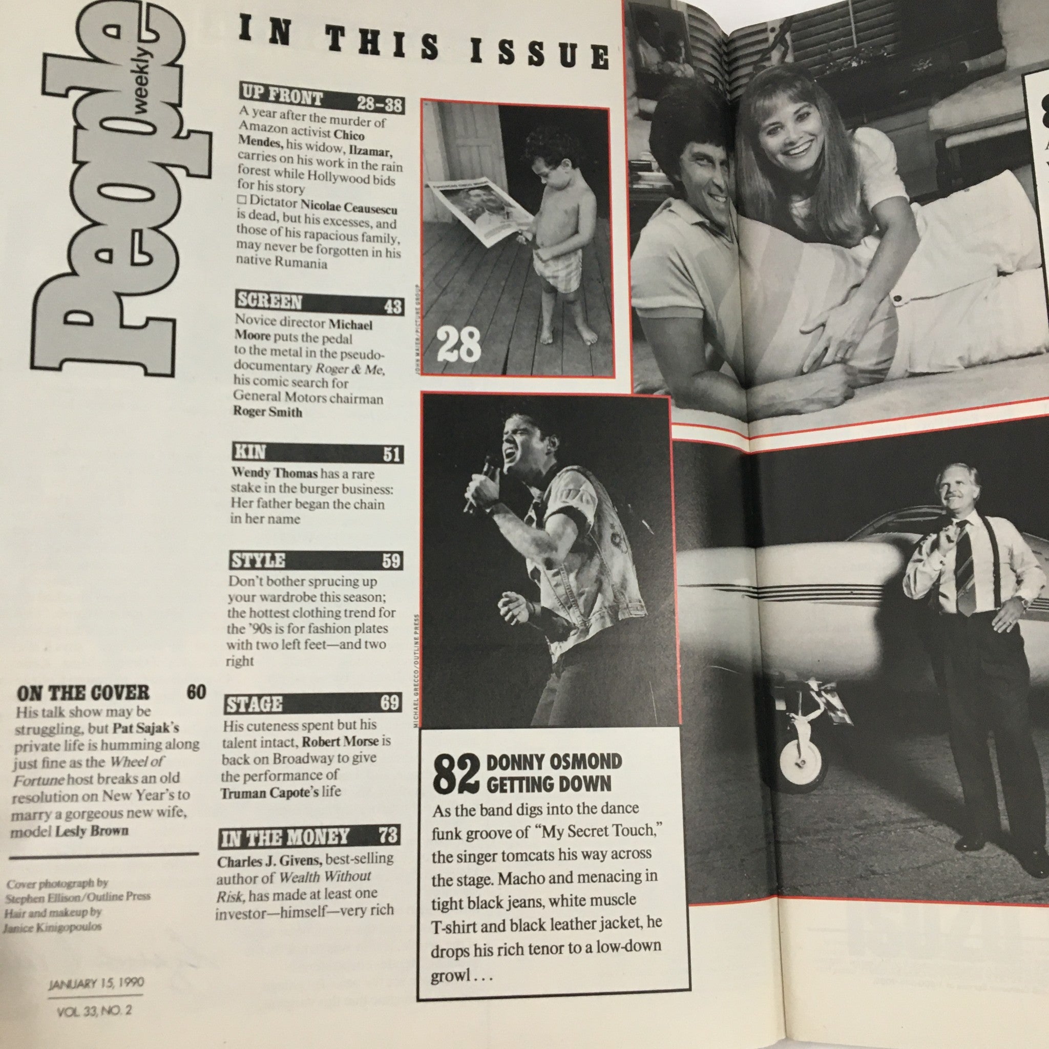 Inside page of People Weekly Magazine January 15, 1990, showcasing contents and highlights including Pat Sajak's wedding and features on Donny Osmond and other popular culture elements of the time.