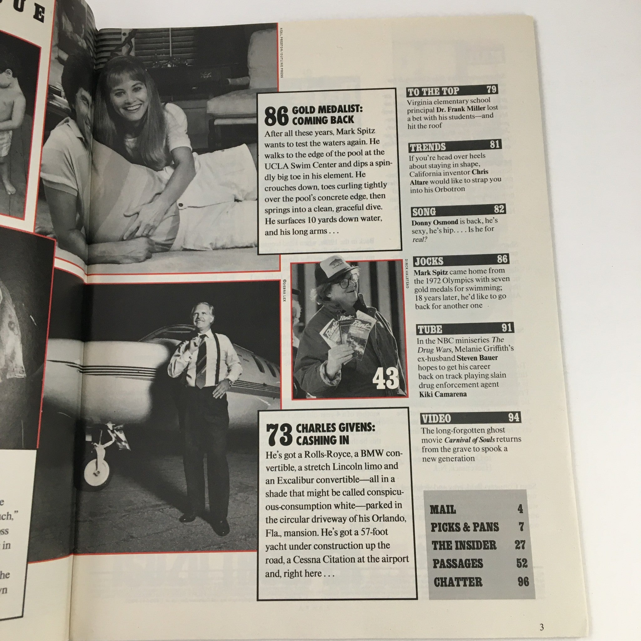 Another inside page of People Weekly Magazine January 15, 1990, listing articles and features including Mark Spitz and celebrity lives, encapsulating the essence of 1990s entertainment culture.
