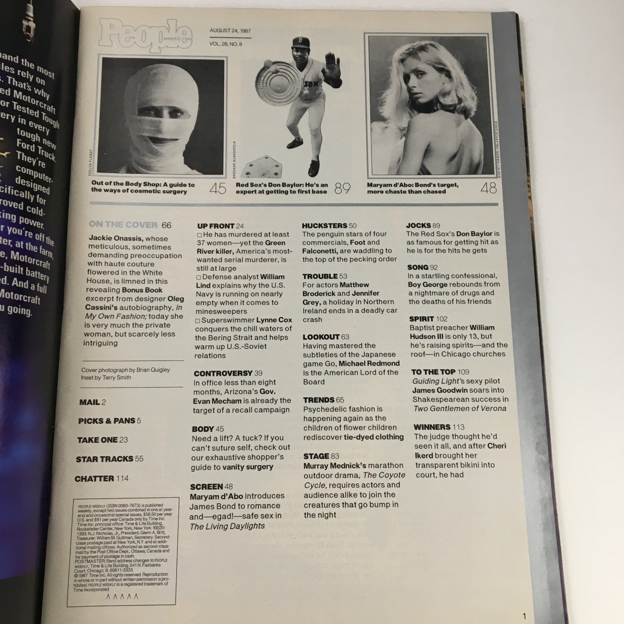 People Weekly Magazine August 4 1987 interior page with content layout, highlighting featured articles including Jackie Kennedy's journey and Boy George's impact on pop culture.