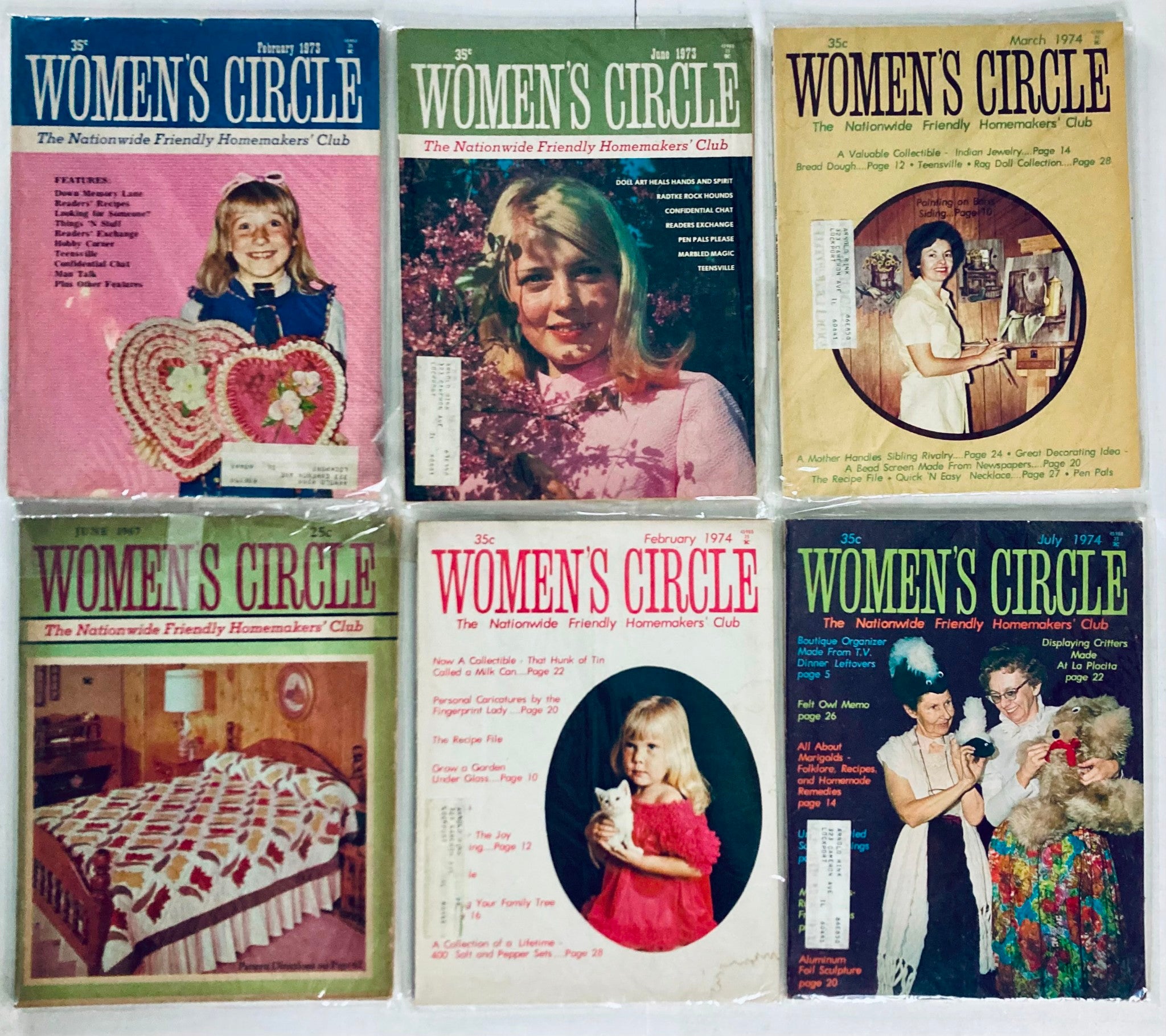 Lot of 27 1960s 1970s Women's Circle Friendly Homemakers' Club Magazine showcasing vintage covers, featuring a range of themes such as crafts, recipes, and home decor, ideal for collectors and enthusiasts of retro publications.