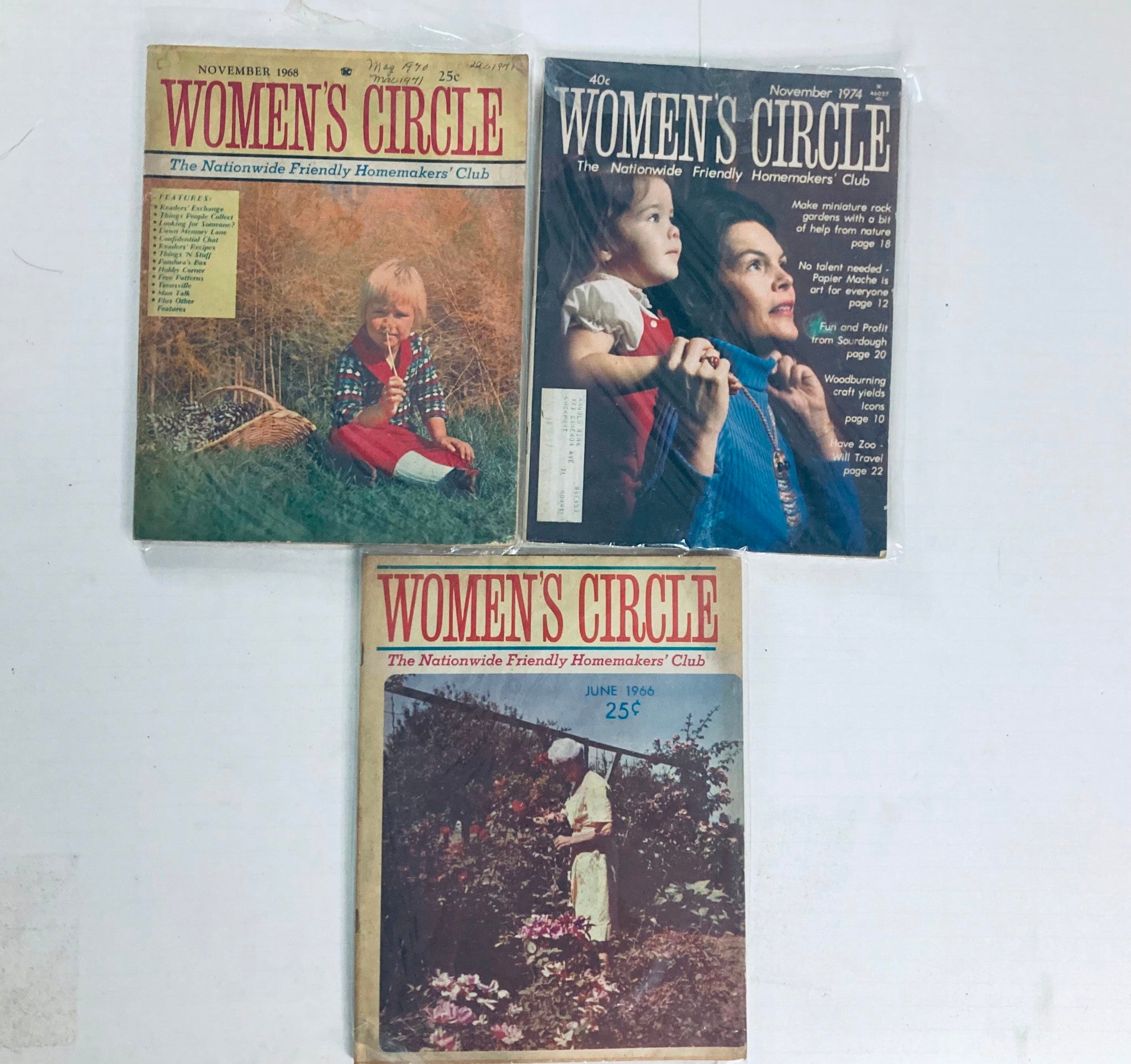 Lot of 27 1960s 1970s Women's Circle Friendly Homemakers' Club Magazine displaying three vintage issues, highlighting nostalgic artwork and homemaking tips, perfect for those interested in vintage women's publications.