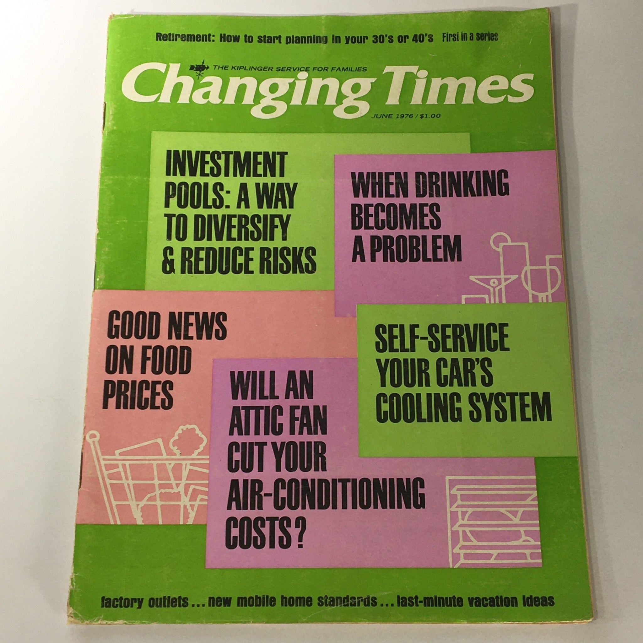 Cover of VTG Changing Times Magazine June 1976 featuring articles on investment pools, diversifying assets, and reducing risks.