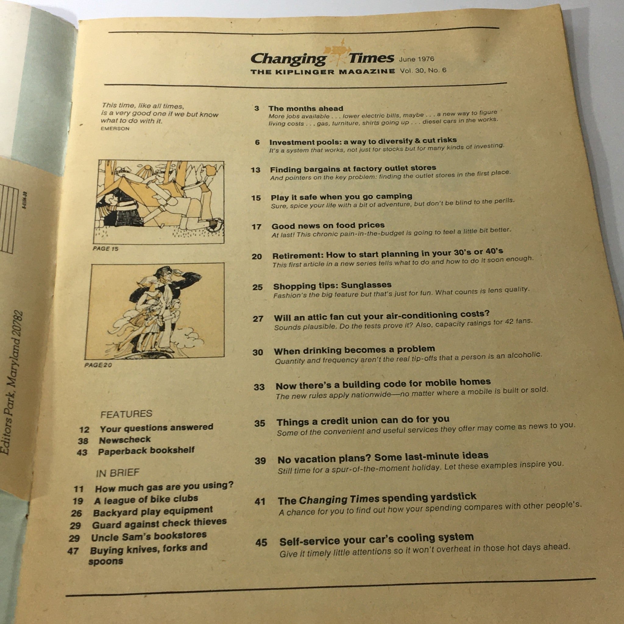 Table of contents from VTG Changing Times Magazine June 1976, highlighting articles on investment strategies and financial advice.