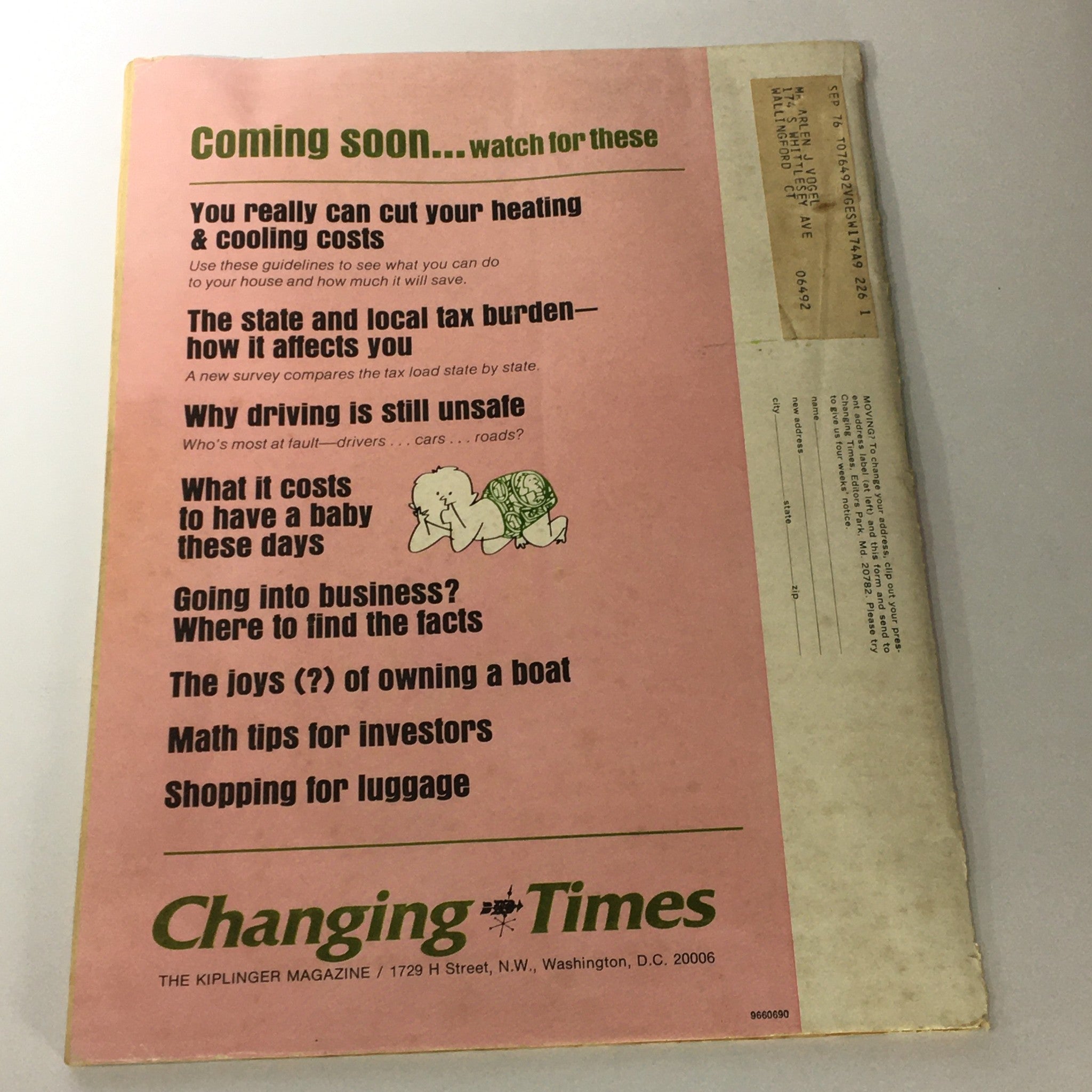 Back cover of VTG Changing Times Magazine June 1976, featuring upcoming topics related to personal finance and investments.