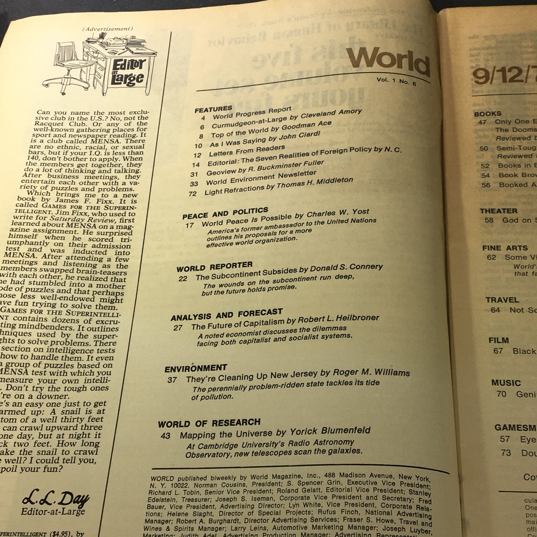 Interior page of VTG World Magazine September 12 1972 Vol 1 #6 listing features, political topics, and articles including 'The Future of Capitalism'.