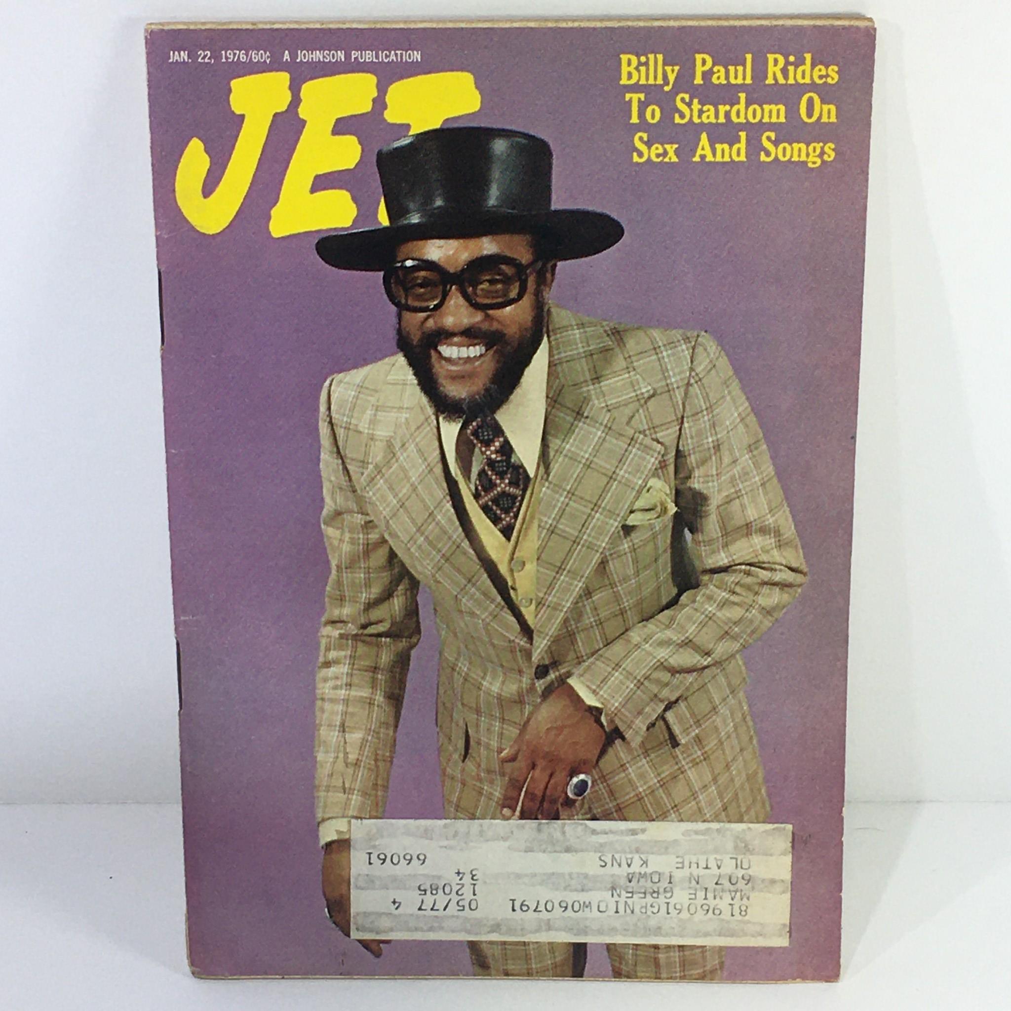 Cover of Jet Magazine dated January 22, 1976 featuring Billy Paul, prominently showcasing his unique plaid suit and large hat, with the headline 'Billy Paul Rides To Stardom On Sex And Songs' highlighting his musical journey.