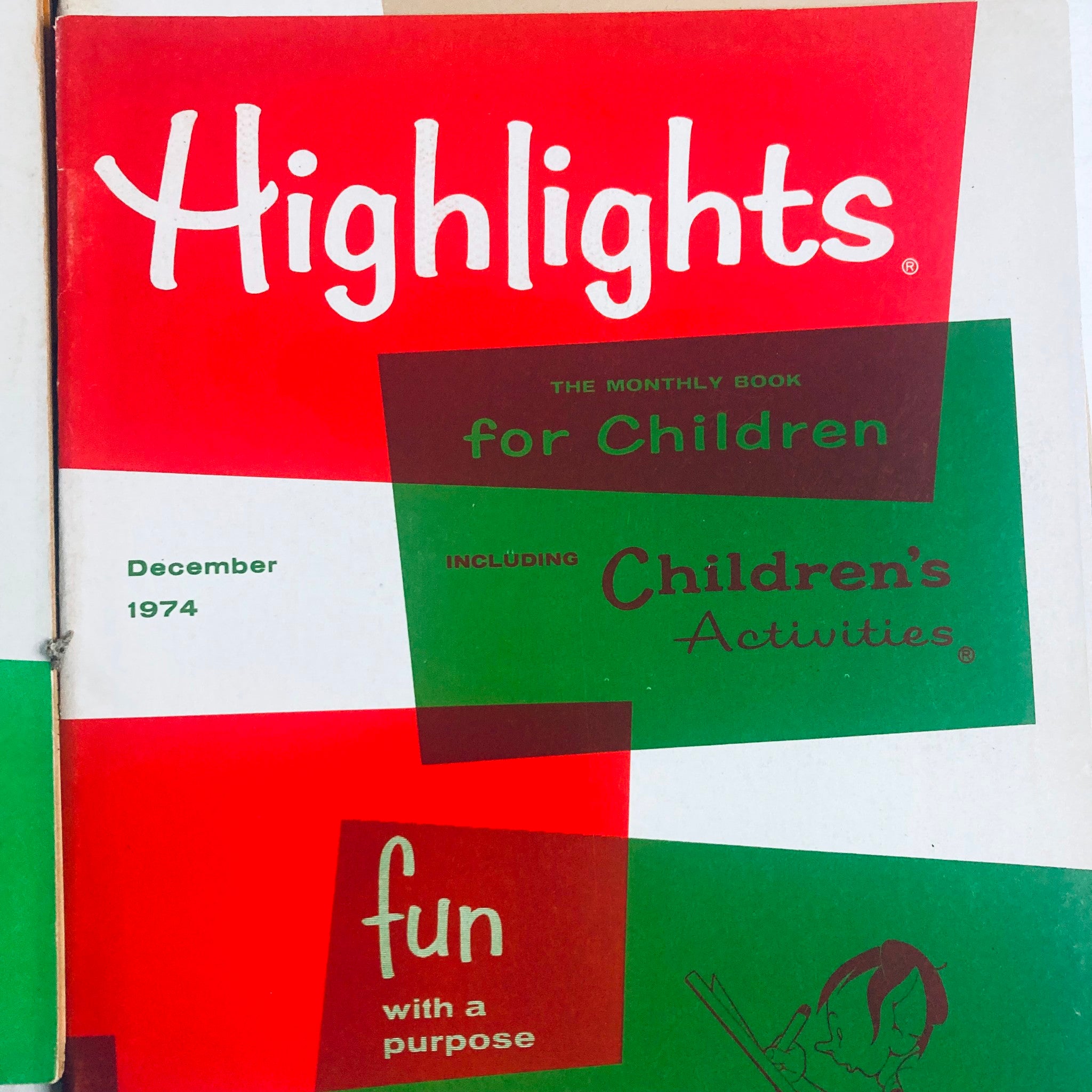 Lot of 11 1974 Highlights for Children Magazine cover of December 1974, illustrating children’s activities and engagement.