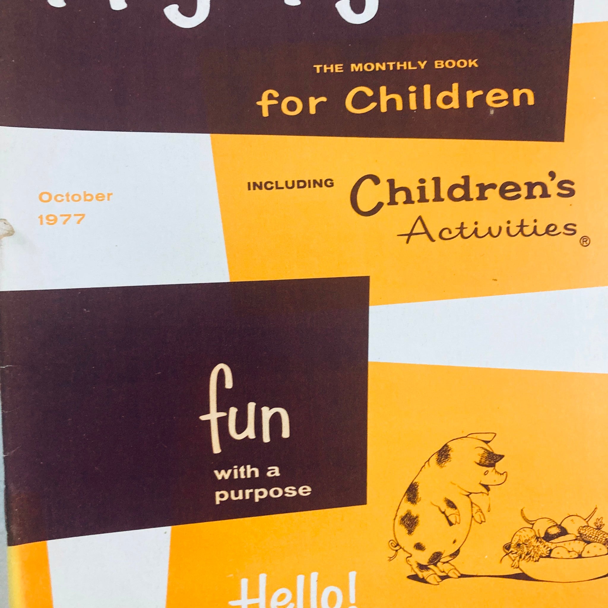 Lot of 7 1977 Vintage Highlights for Children Magazine, highlighting the October 1977 issue cover with a playful design and the phrase 'fun with a purpose'.