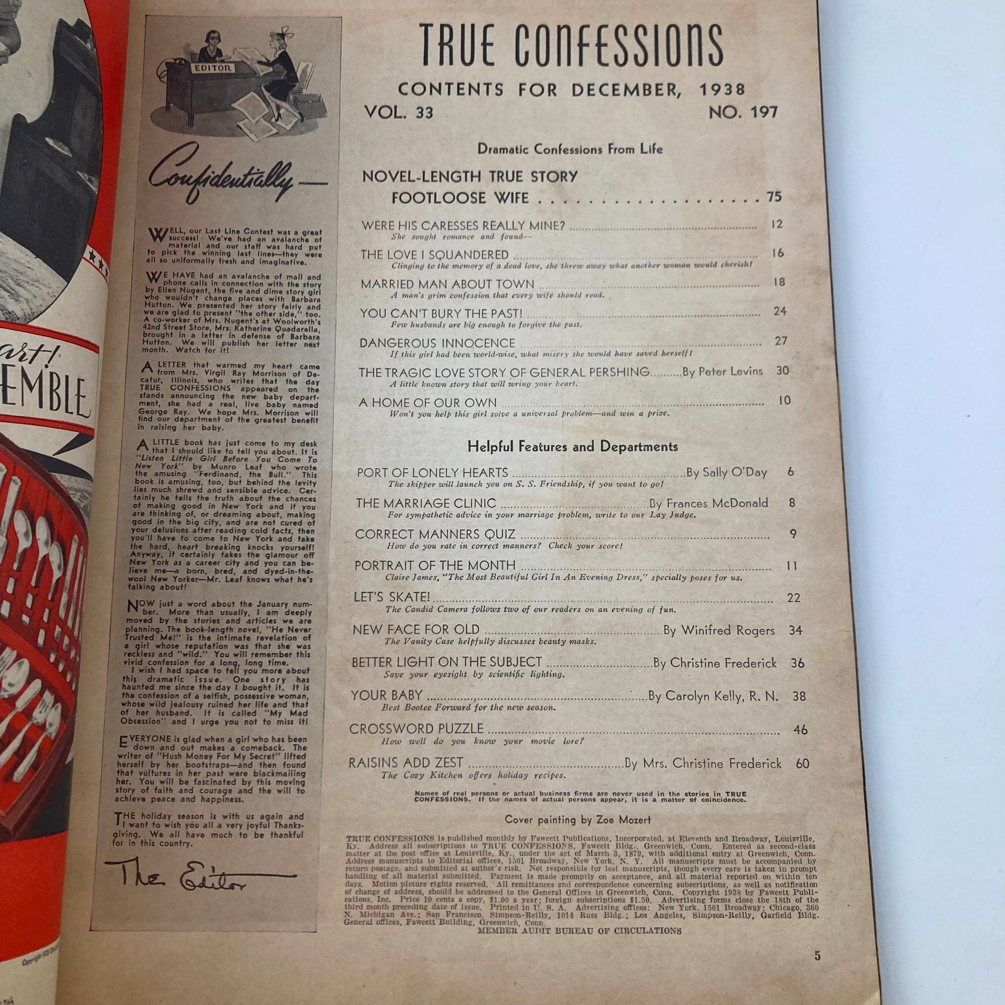 Contents page of VTG True Confessions Magazine December 1938, Volume 33, Number 197, featuring the story 'Footloose Wife' and various other articles and features.