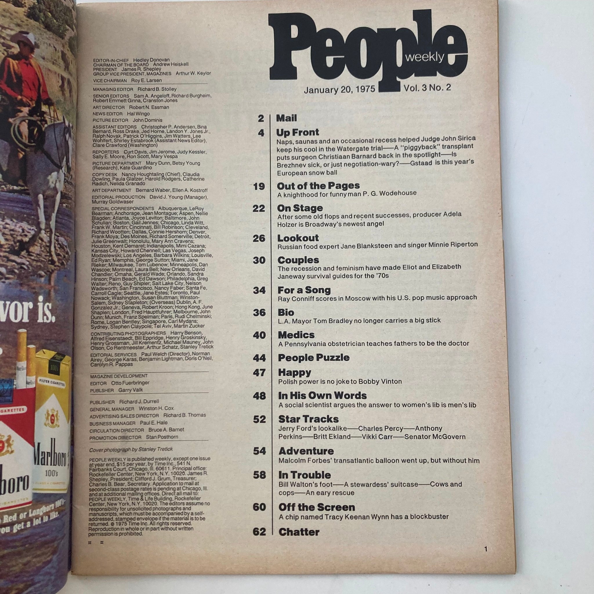Table of contents from the VTG People Weekly Magazine January 20 1975 Vol 3 #2. This page outlines featured articles including Judge Sirica, notable figures, and cultural topics of the time.