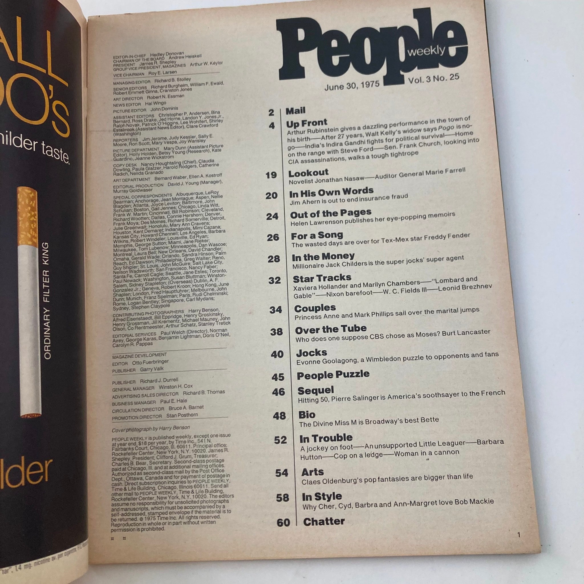 Inside page of the June 30, 1975, People Weekly Magazine, Vol 3 No. 25, listing contents and articles reflecting the era's entertainment and social trends.